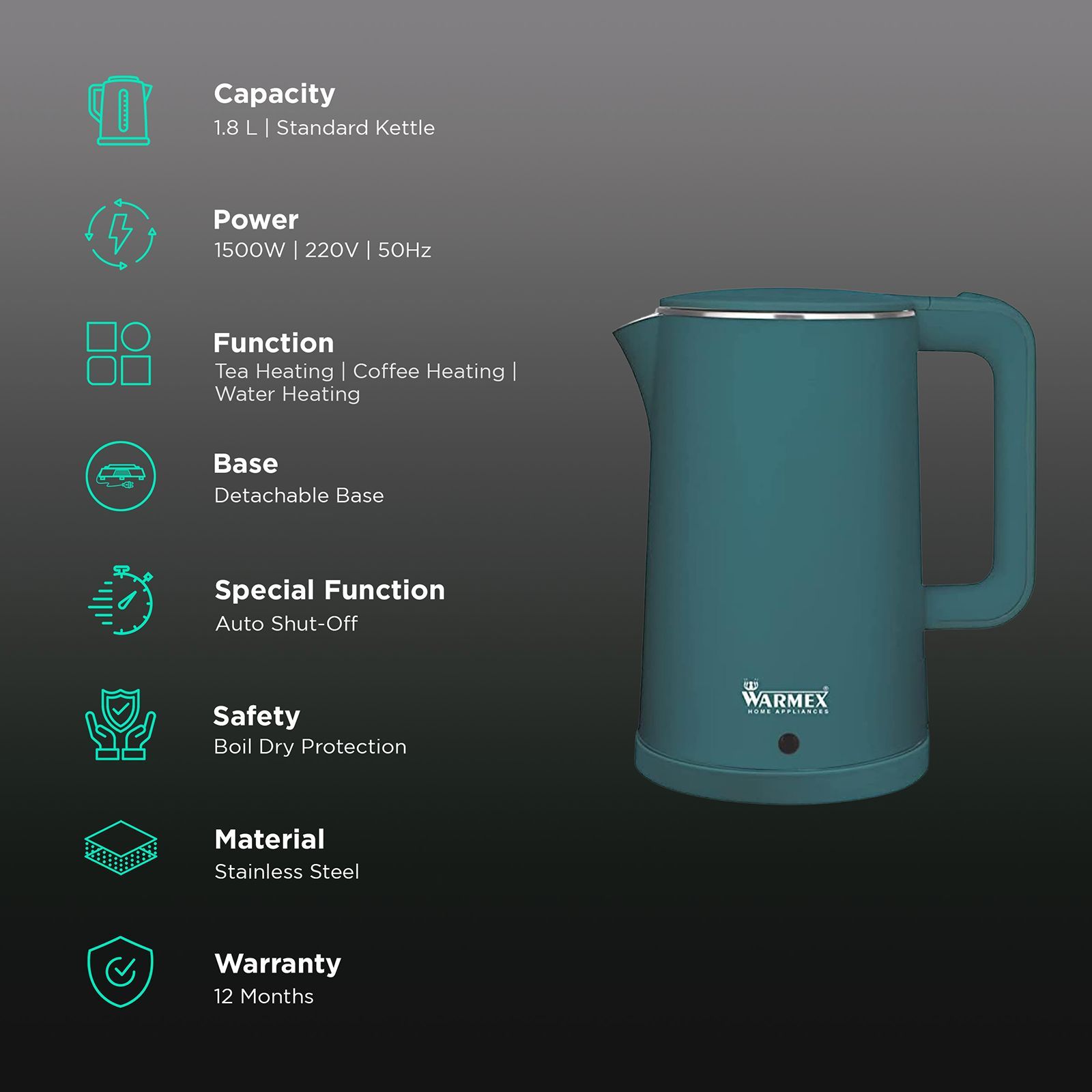 WARMEX KW-80 1500 Watt 1.8 Litre Electric Kettle with Keep Warm Function (Green)_3