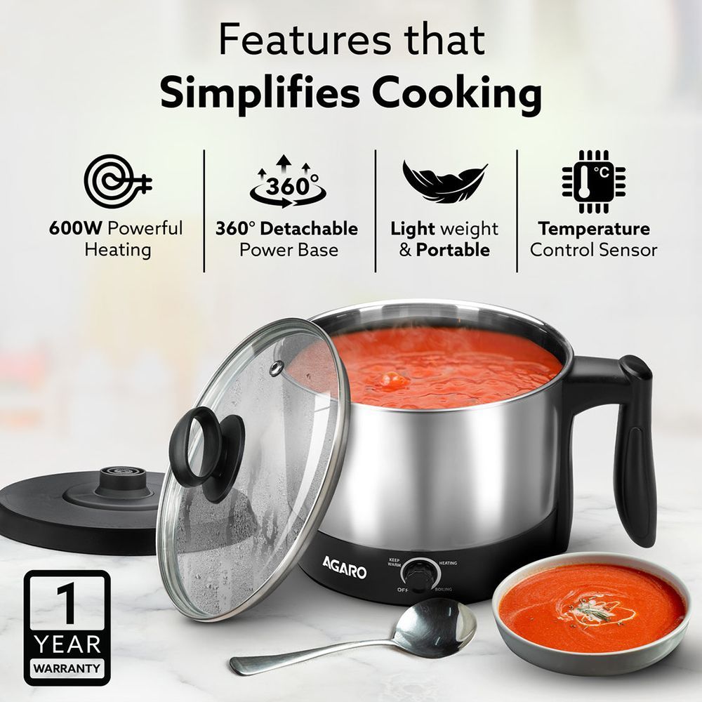 AGARO Esteem 600 Watt 1.2 Litre Multi Cook Electric Kettle with Rapid Boil Technology (Silver/Black)_6