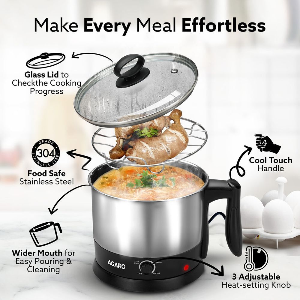 AGARO Esteem 600 Watt 1.2 Litre Multi Cook Electric Kettle with Rapid Boil Technology (Silver/Black)_7