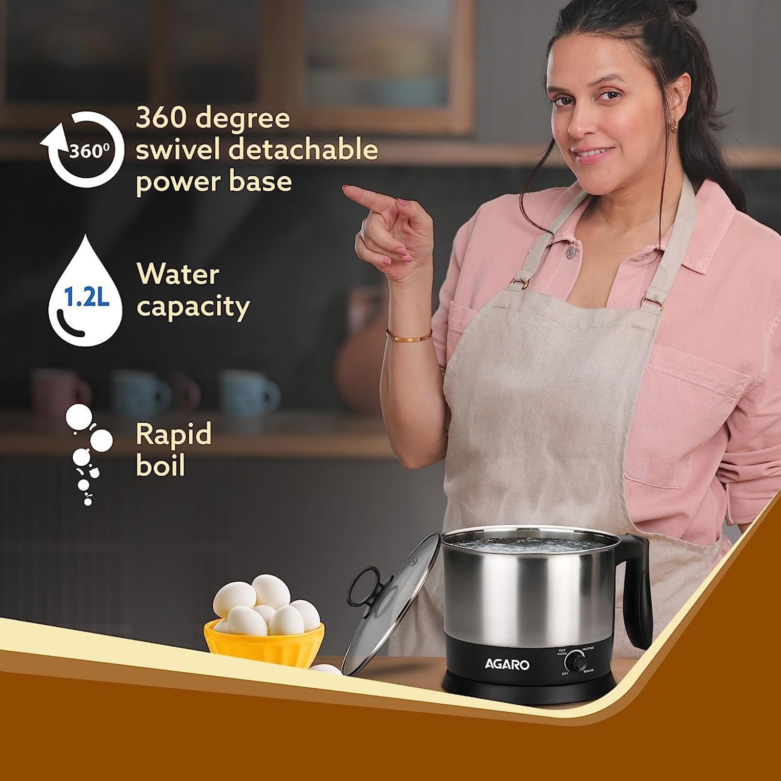 AGARO Esteem 600 Watt 1.2 Litre Multi Cook Electric Kettle with Rapid Boil Technology (Silver/Black)_8