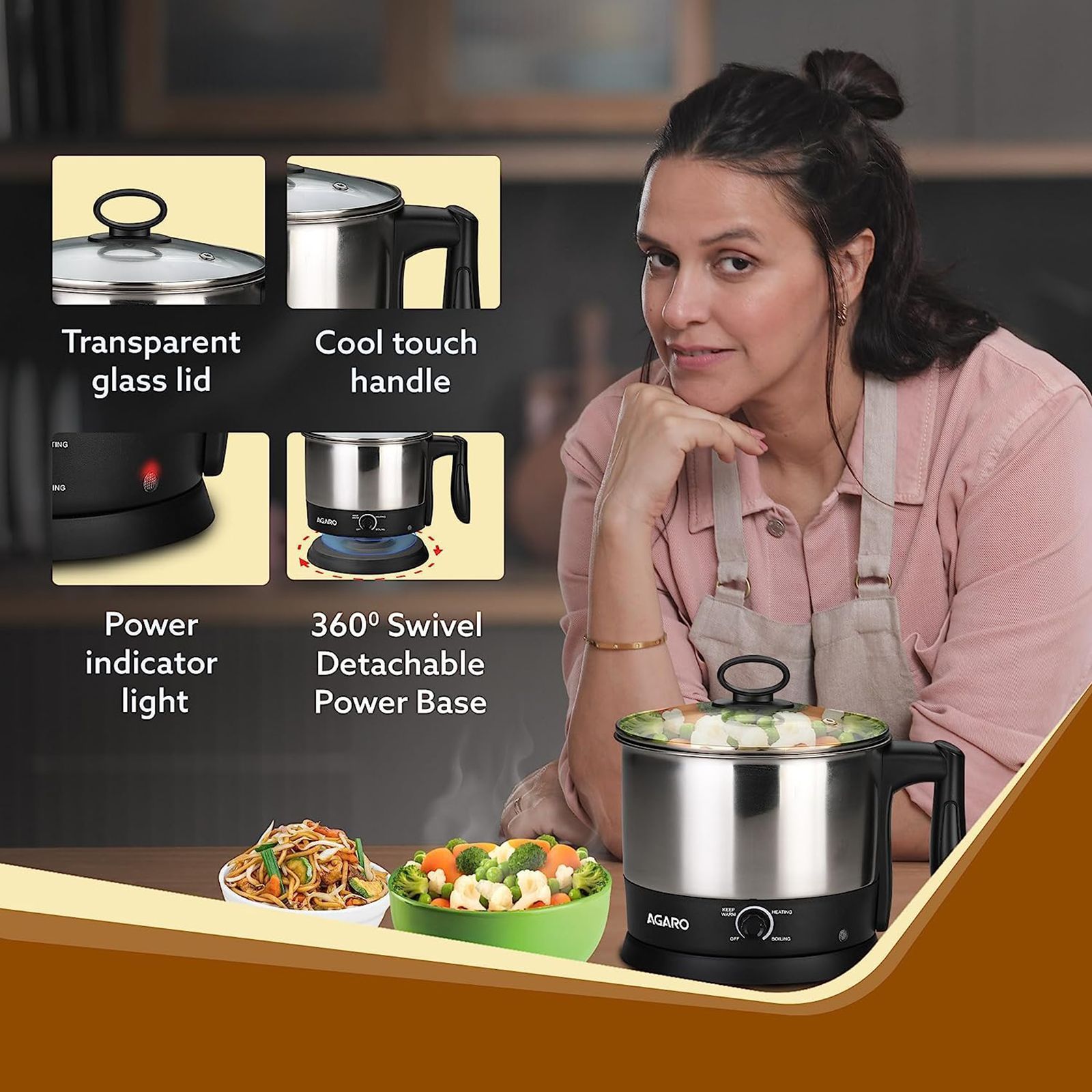 AGARO Esteem 600 Watt 1.2 Litre Multi Cook Electric Kettle with Rapid Boil Technology (Silver/Black)_9