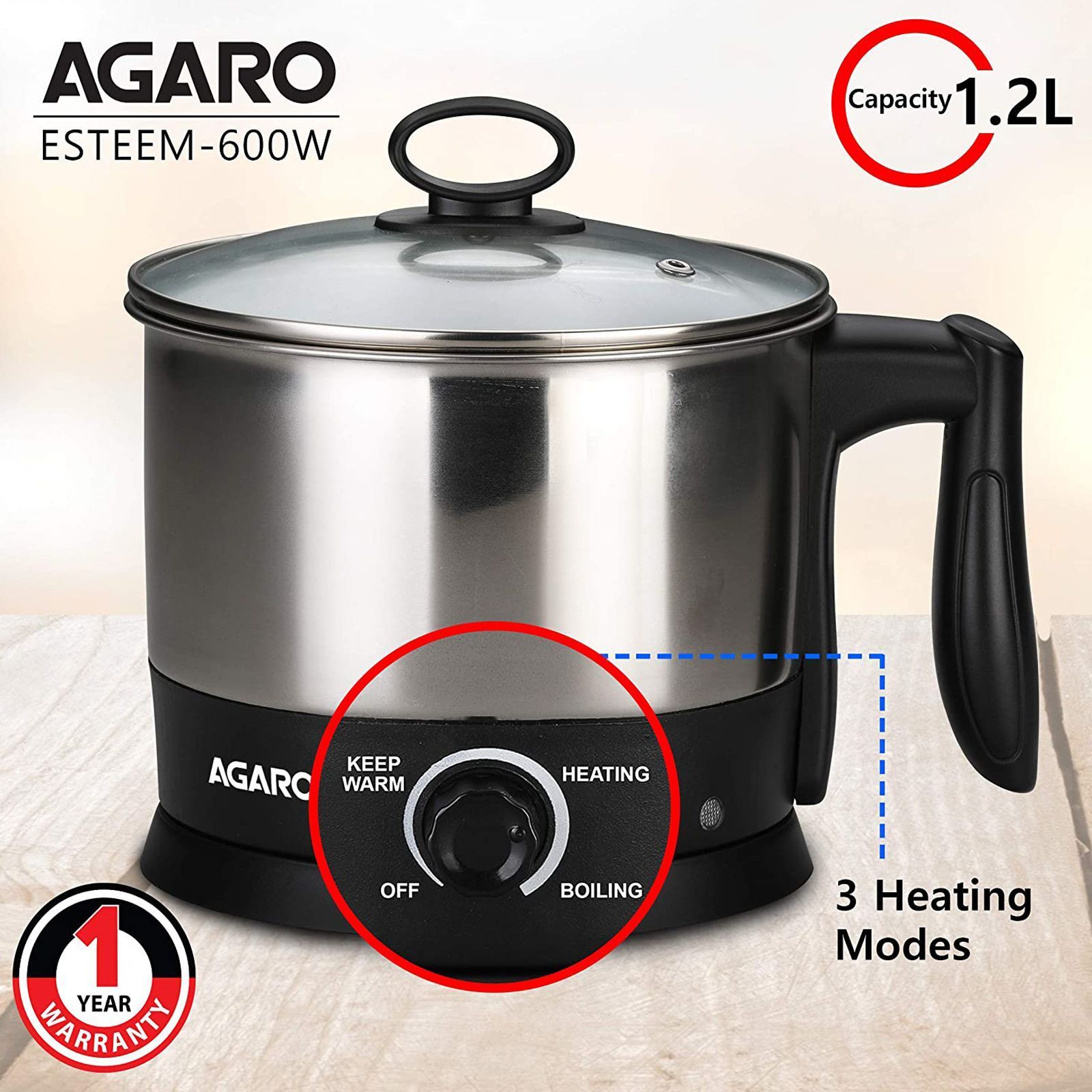 AGARO Esteem 600 Watt 1.2 Litre Multi Cook Electric Kettle with Rapid Boil Technology (Silver/Black)_13