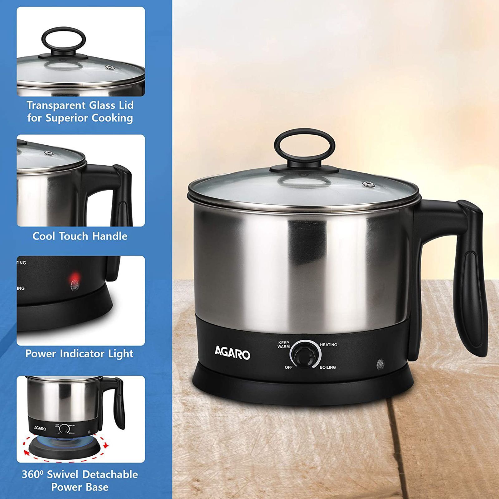 AGARO Esteem 600 Watt 1.2 Litre Multi Cook Electric Kettle with Rapid Boil Technology (Silver/Black)_15