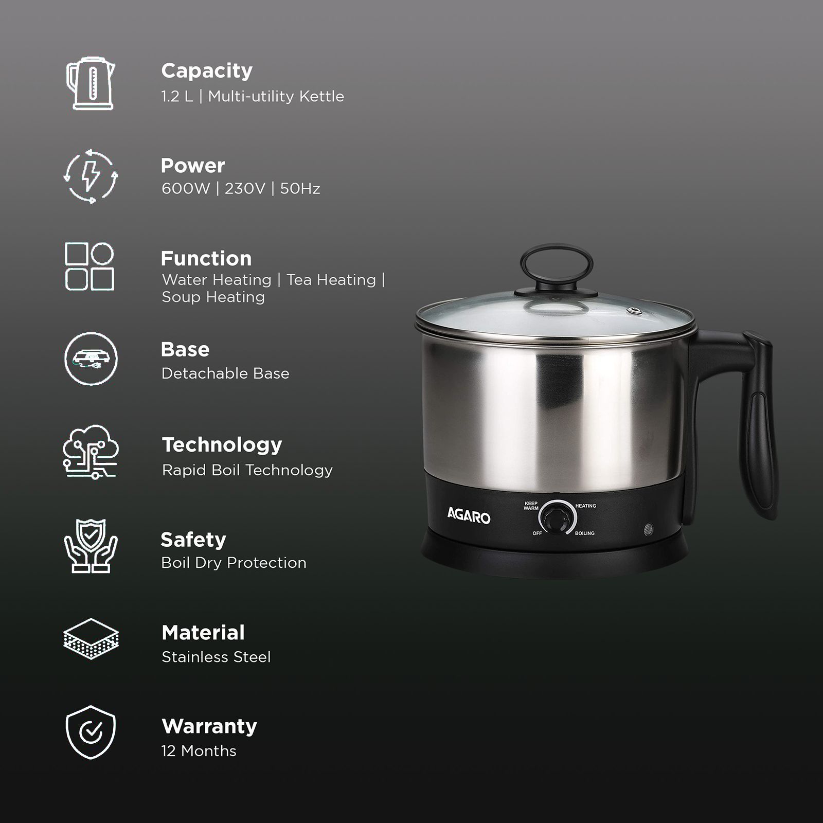 AGARO Esteem 600 Watt 1.2 Litre Multi Cook Electric Kettle with Rapid Boil Technology (Silver/Black)_3