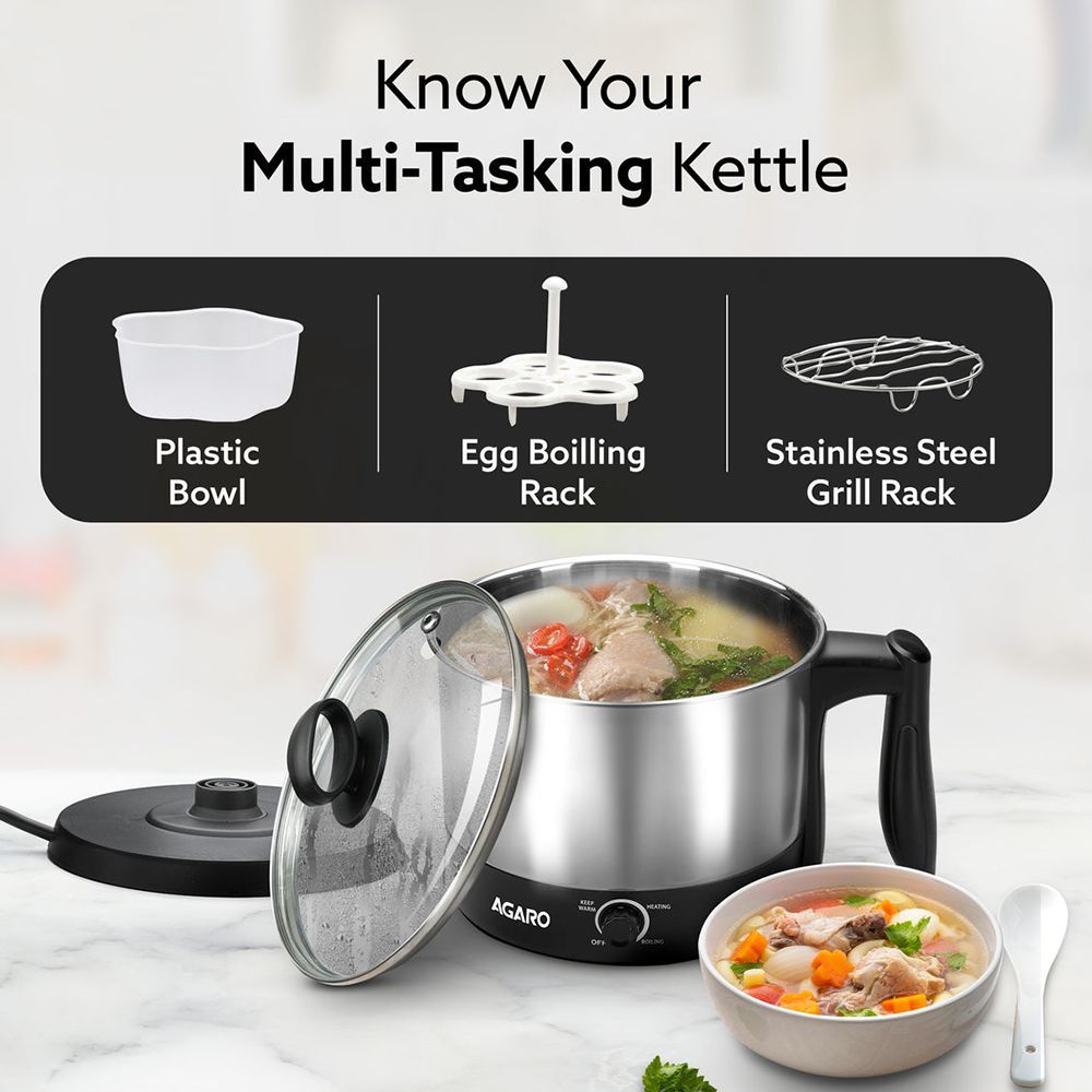 AGARO Esteem 600 Watt 1.2 Litre Multi Cook Electric Kettle with Rapid Boil Technology (Silver/Black)_5