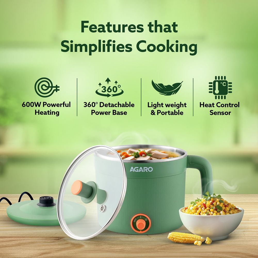 AGARO Regency 600 Watt 1.2 Litre Multi Cook Electric Kettle with Auto Shut Off (Green)_8