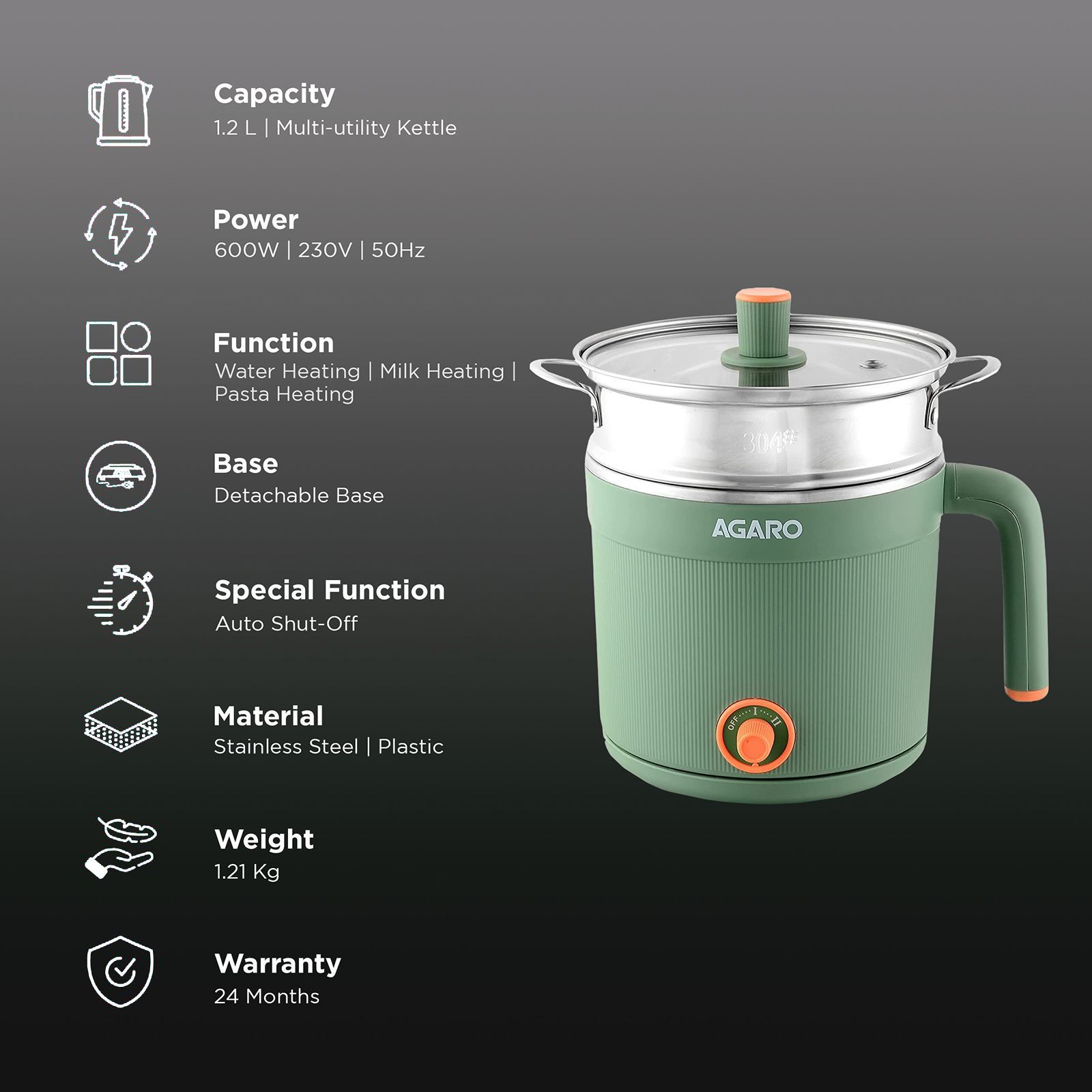 AGARO Regency 600 Watt 1.2 Litre Multi Cook Electric Kettle with Auto Shut Off (Green)_3