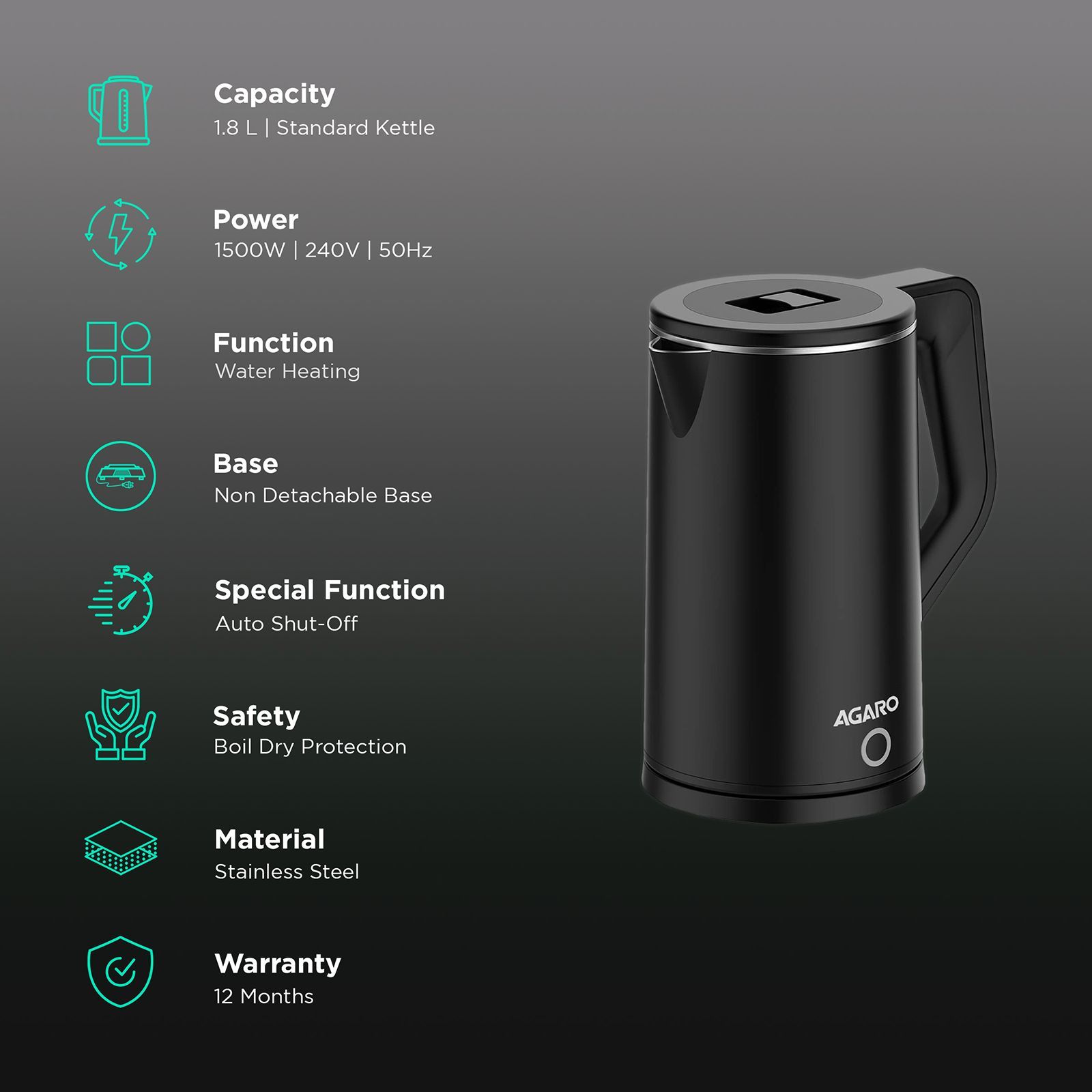 AGARO Elegant 1500 Watt 1.8 Litre Electric Kettle with Auto Shut Off (Black)_3