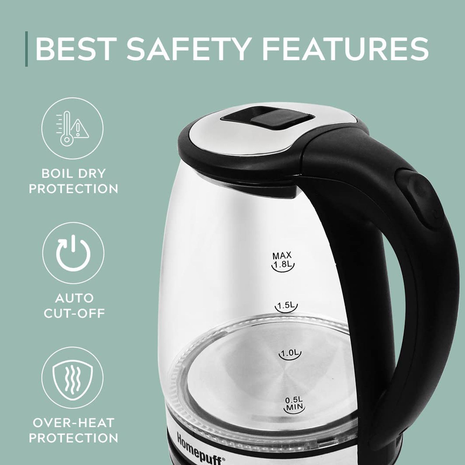 HomePuff H301 1500 Watt 1.8 Litre Electric Kettle with 360 Degree Rotation Base (Silver)_8