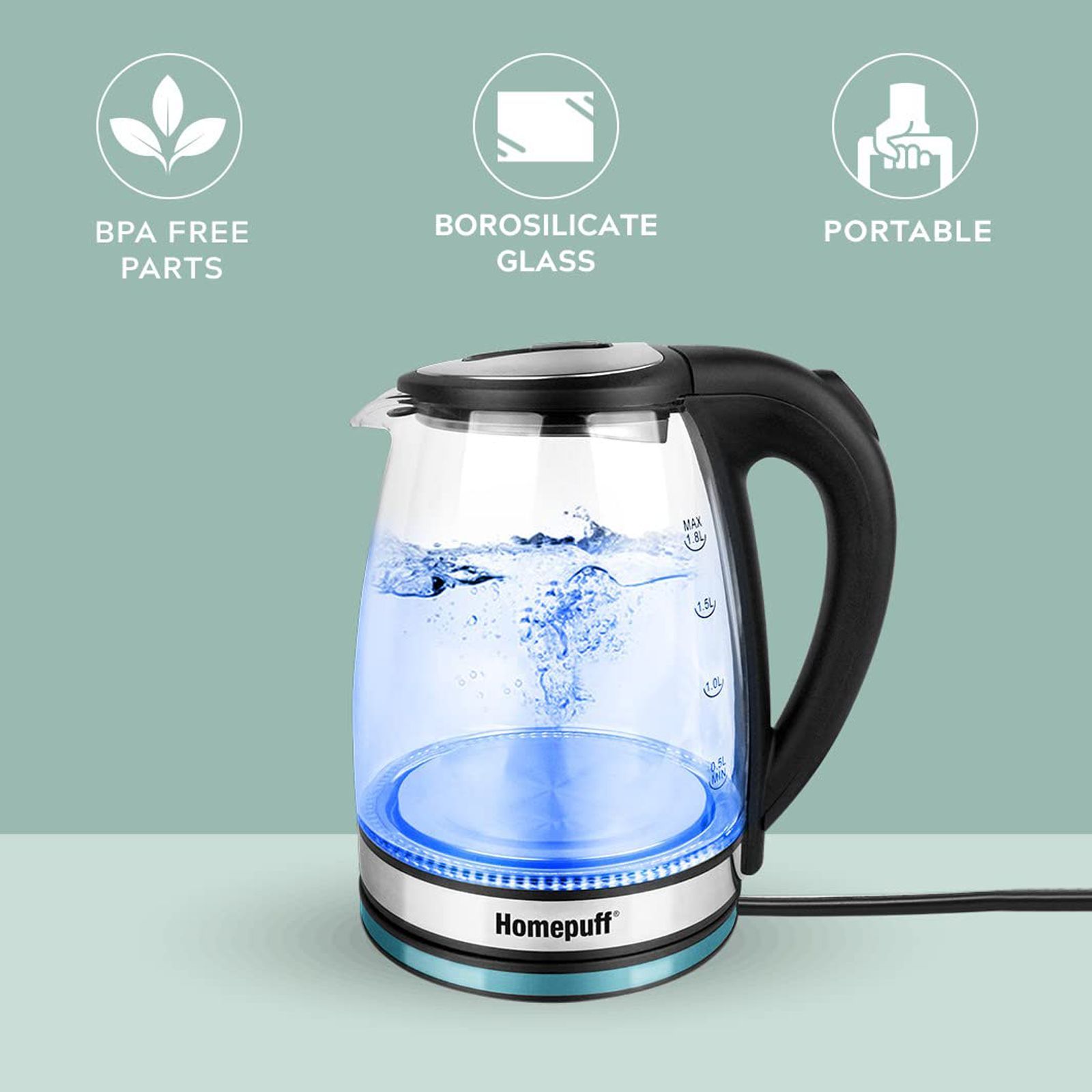 HomePuff H301 1500 Watt 1.8 Litre Electric Kettle with 360 Degree Rotation Base (Silver)_9