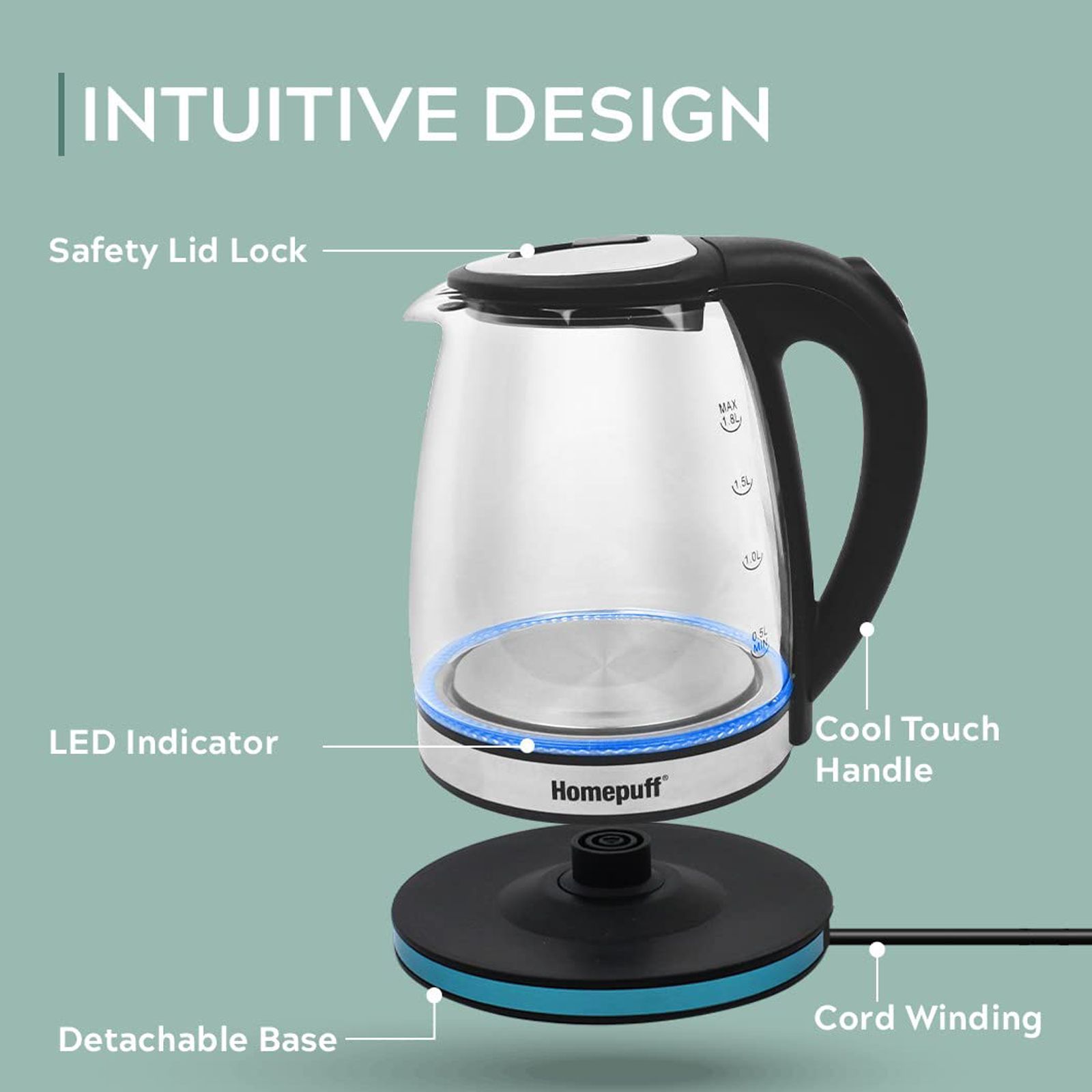 HomePuff H301 1500 Watt 1.8 Litre Electric Kettle with 360 Degree Rotation Base (Silver)_10