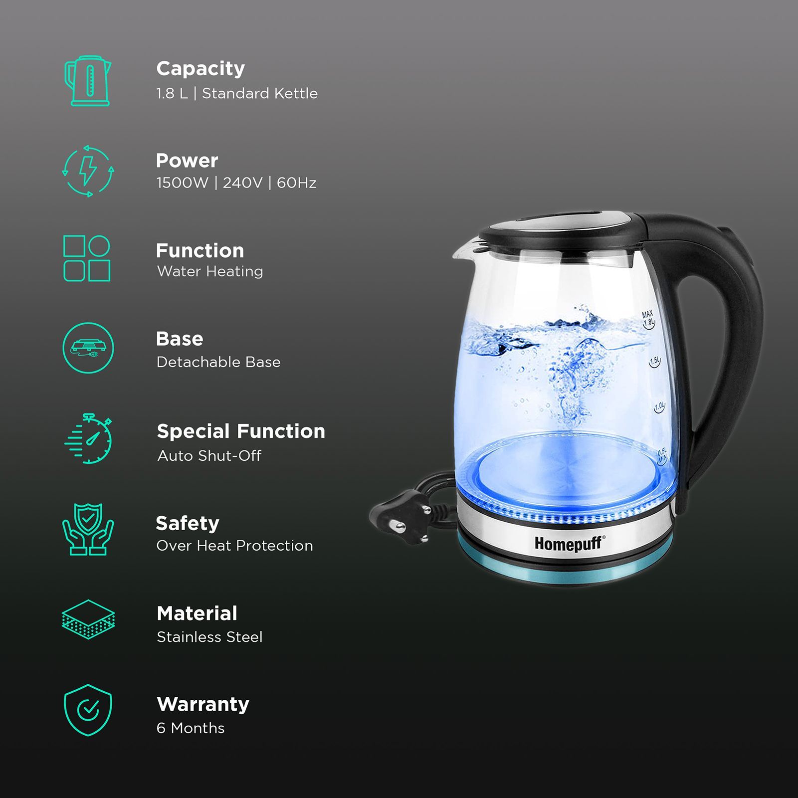 HomePuff H301 1500 Watt 1.8 Litre Electric Kettle with 360 Degree Rotation Base (Silver)_3