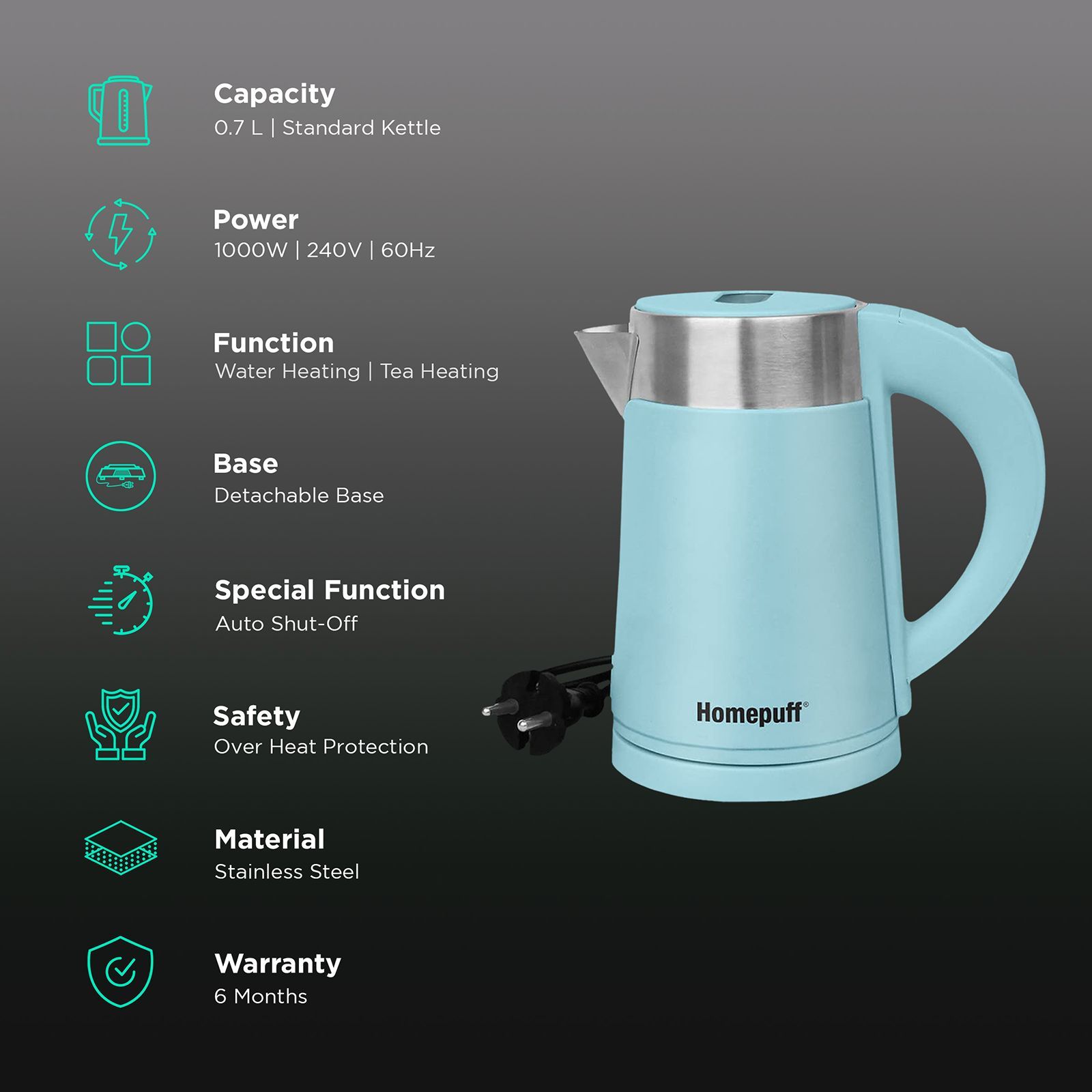 HomePuff H302 1000 Watt 0.7 Litre Electric Kettle with 360 Degree Rotation Base (Blue) HomePuff H302 1000 Watt 0.7 Litre Electric Kettle with 360 Degree Rotation Base (Blue)_3