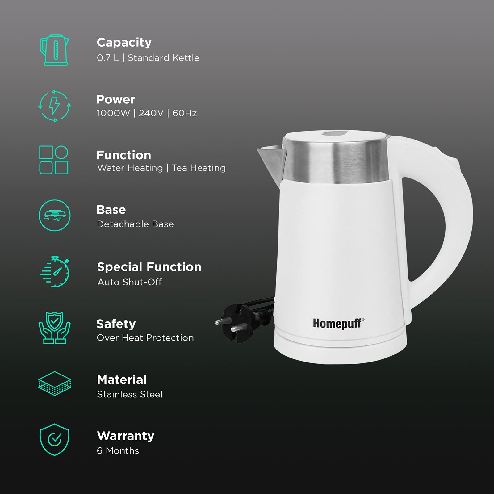 HomePuff 1000 Watt 0.7 Litre Electric Kettle with 360 Degree Rotation Base (White) HomePuff 1000 Watt 0.7 Litre Electric Kettle with 360 Degree Rotation Base (White)_3