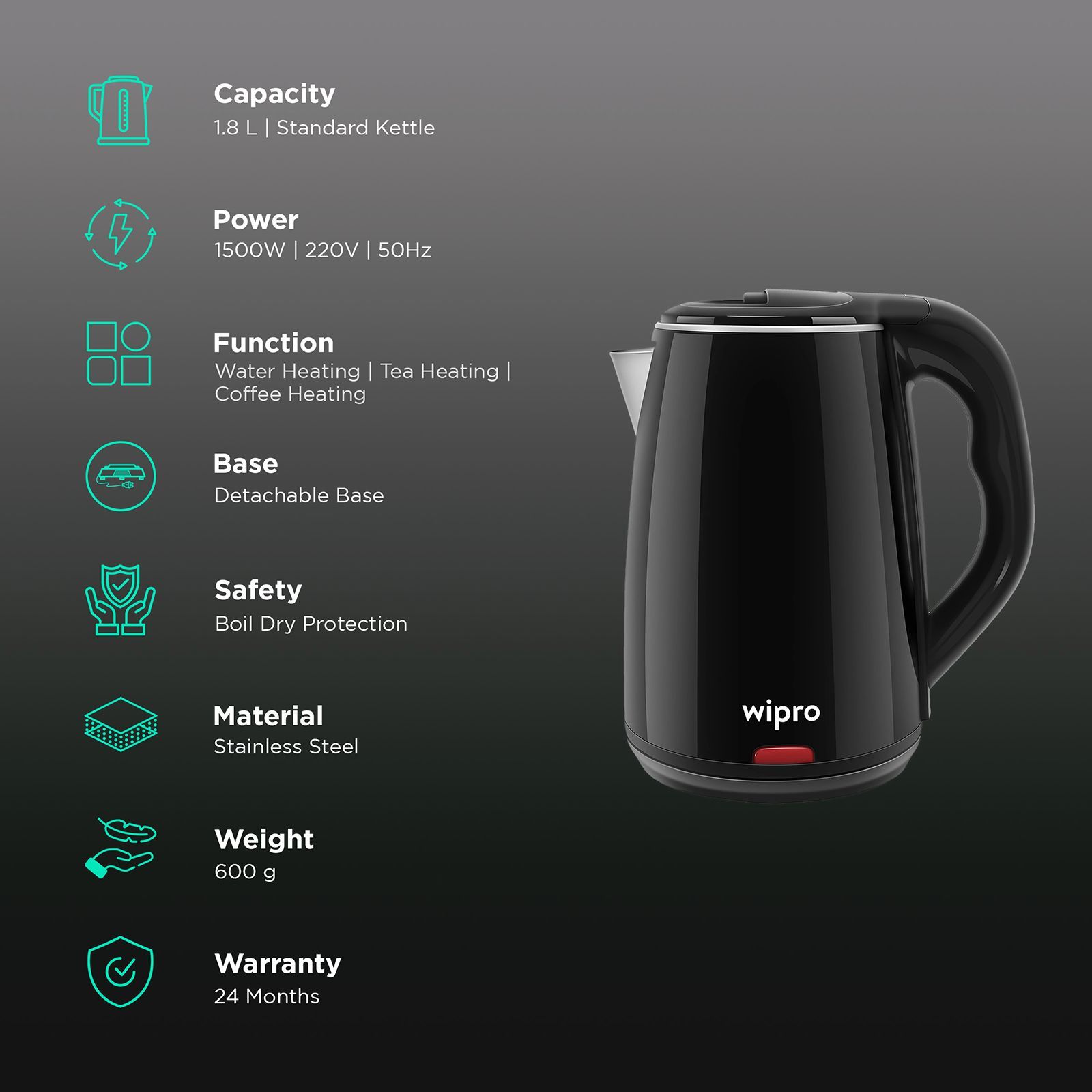 wipro Vesta 1500 Watt 1.8 Litre Electric Kettle with Overheat Protection (Black)_3