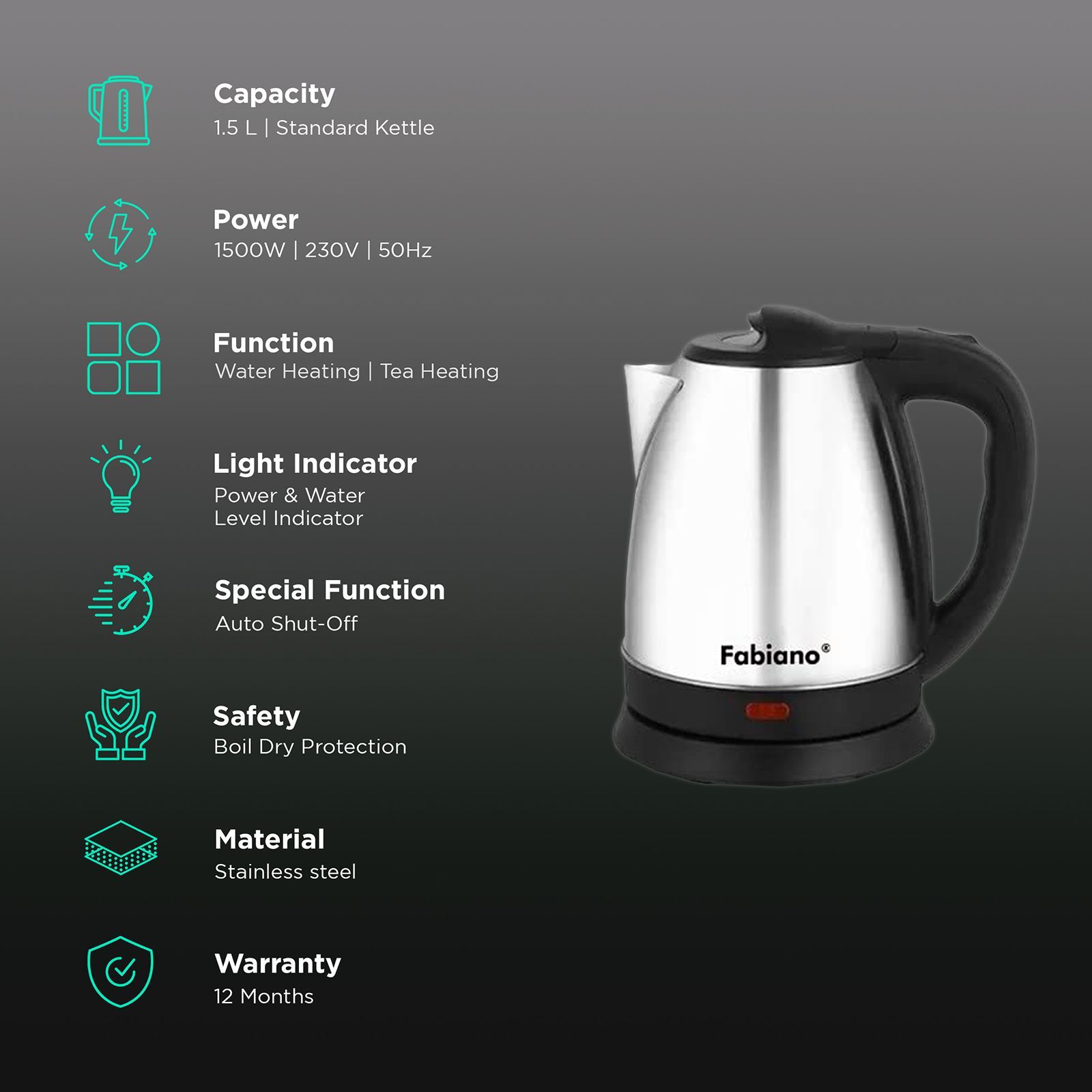 Fabiano E-15 1500 Watt 1.5 Litre Electric Kettle with Cool Touch Handle (Silver) Fabiano E-15 1500 Watt 1.5 Litre Electric Kettle with Cool Touch Handle (Silver)_3