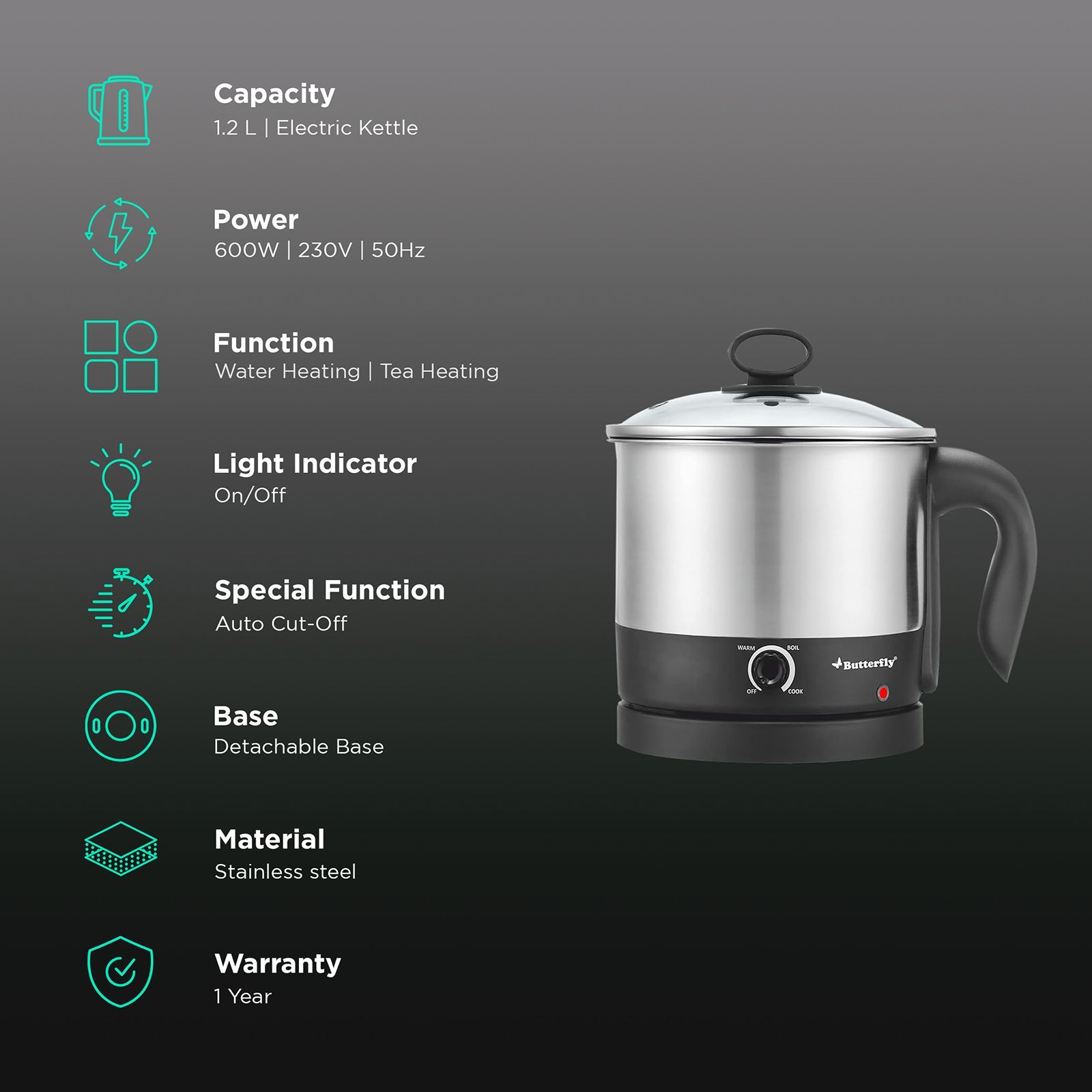 Butterfly TRIWAK0048 600 Watt 1.2 Litre Multi Cook Electric Kettle with Rapid Boil Technology (Silver)_2