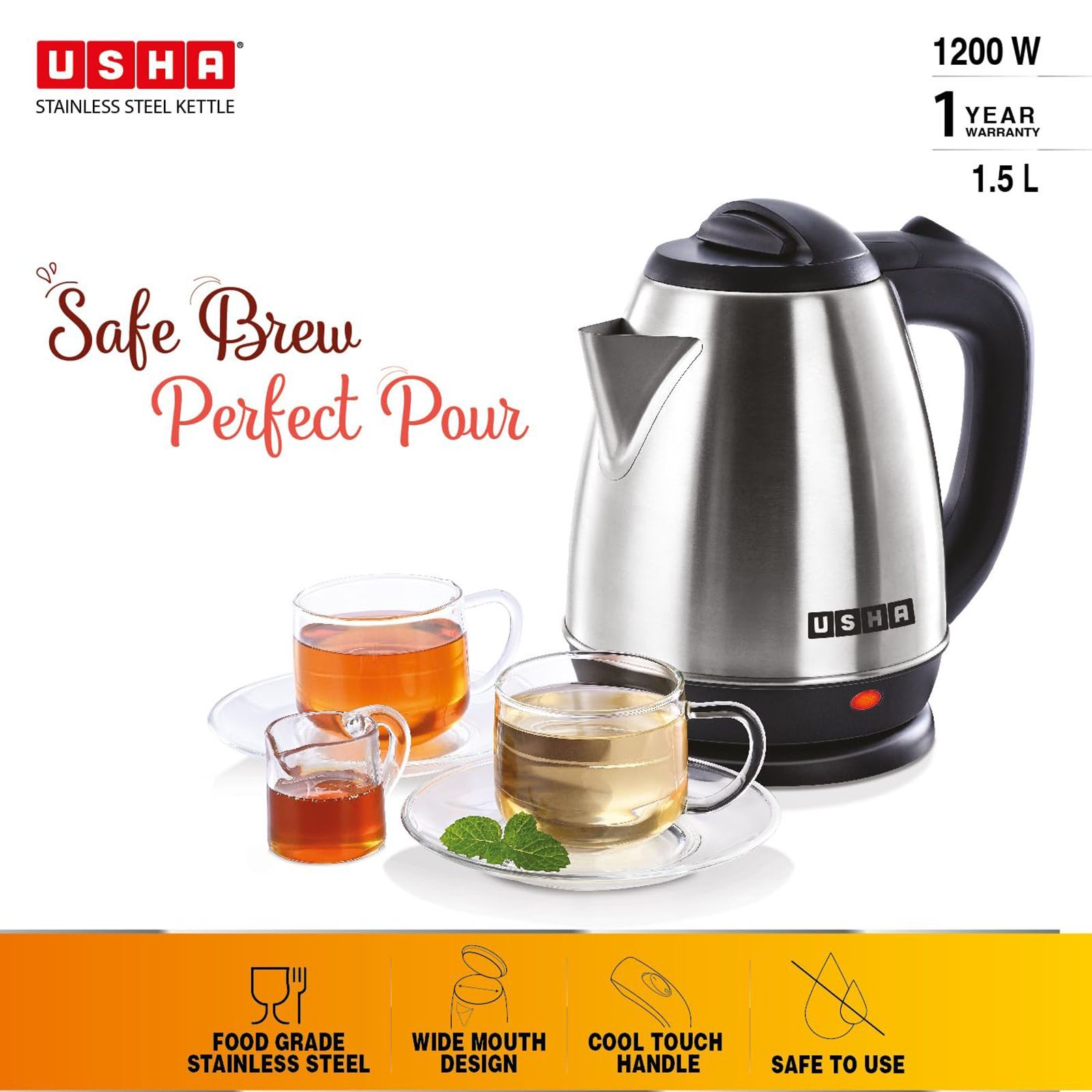 USHA SS 1200 Watt 1.5 Litre Electric Kettle with Powder Coated Finish Body (Silver Black)_7