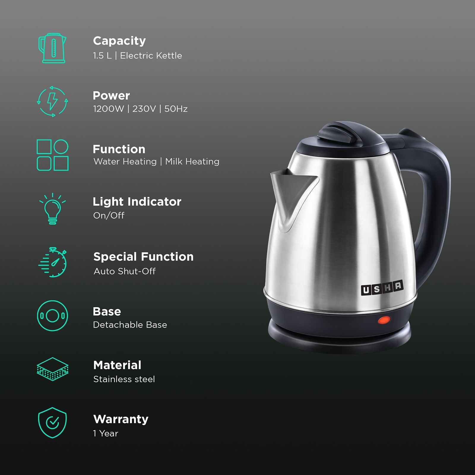 USHA SS 1200 Watt 1.5 Litre Electric Kettle with Powder Coated Finish Body (Silver Black)_2