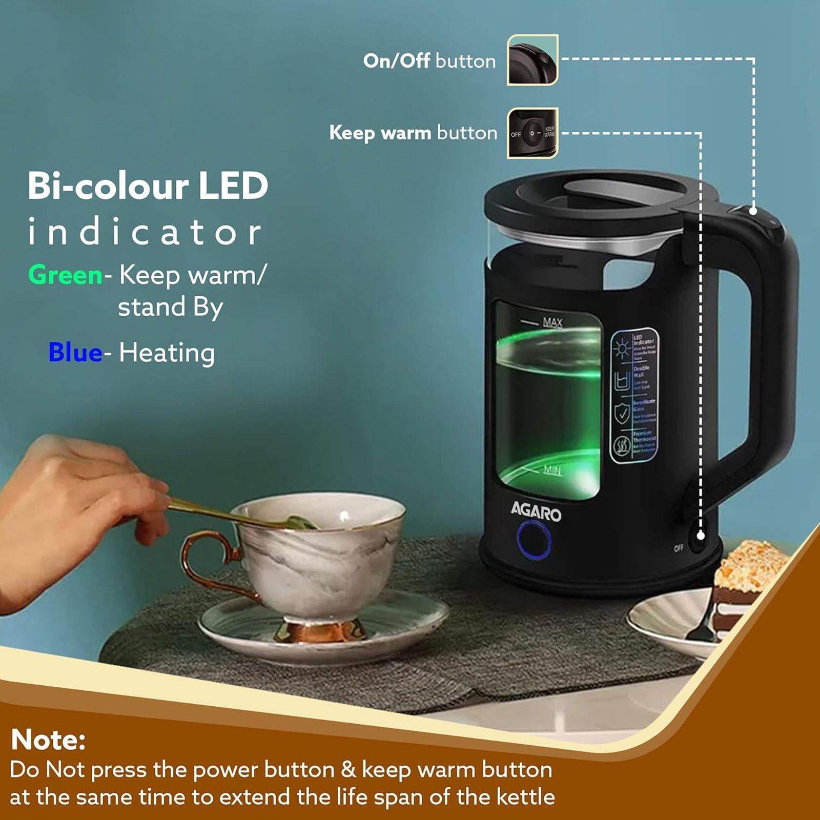 AGARO Galaxy 1355 Watt 1.5 Litre Electric Kettle with Keep Warm Function (Black)_5