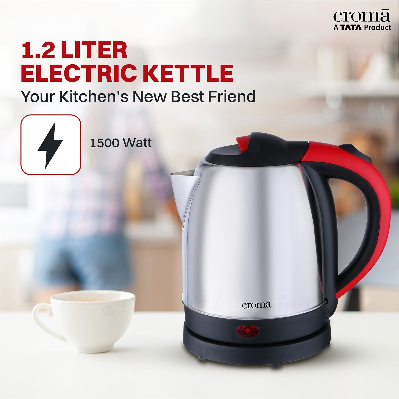 Croma 1500 Watt 1.2 Litre Electric Kettle with Overload Protection (Red & Silver)_9
