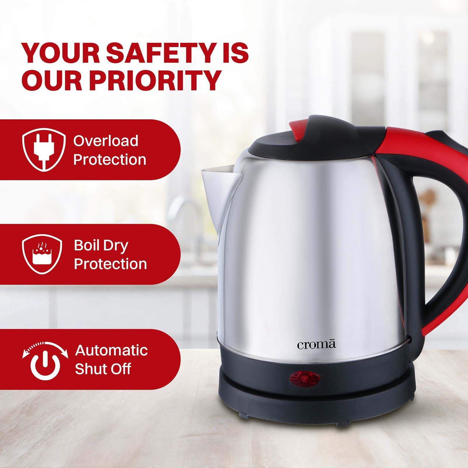 Croma 1500 Watt 1.2 Litre Electric Kettle with Overload Protection (Red & Silver)_11