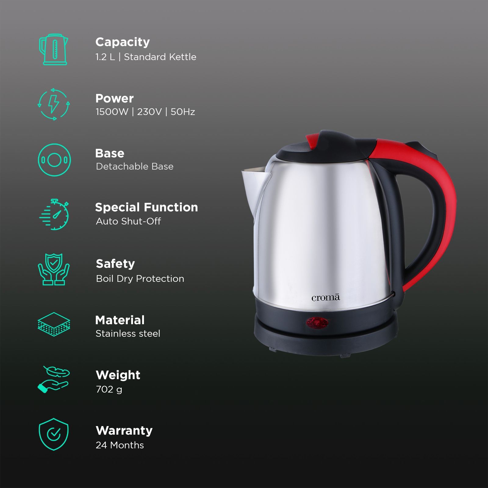 Croma 1500 Watt 1.2 Litre Electric Kettle with Overload Protection (Red & Silver)_3