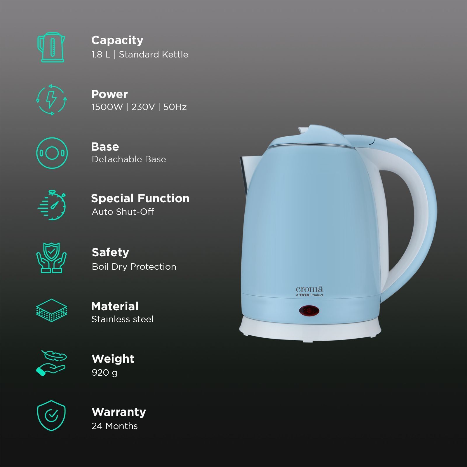 Croma 1500 Watt 1.8 Litre Electric Kettle with Overload Protection (Blue) Croma 1500 Watt 1.8 Litre Electric Kettle with Overload Protection (Blue)_3
