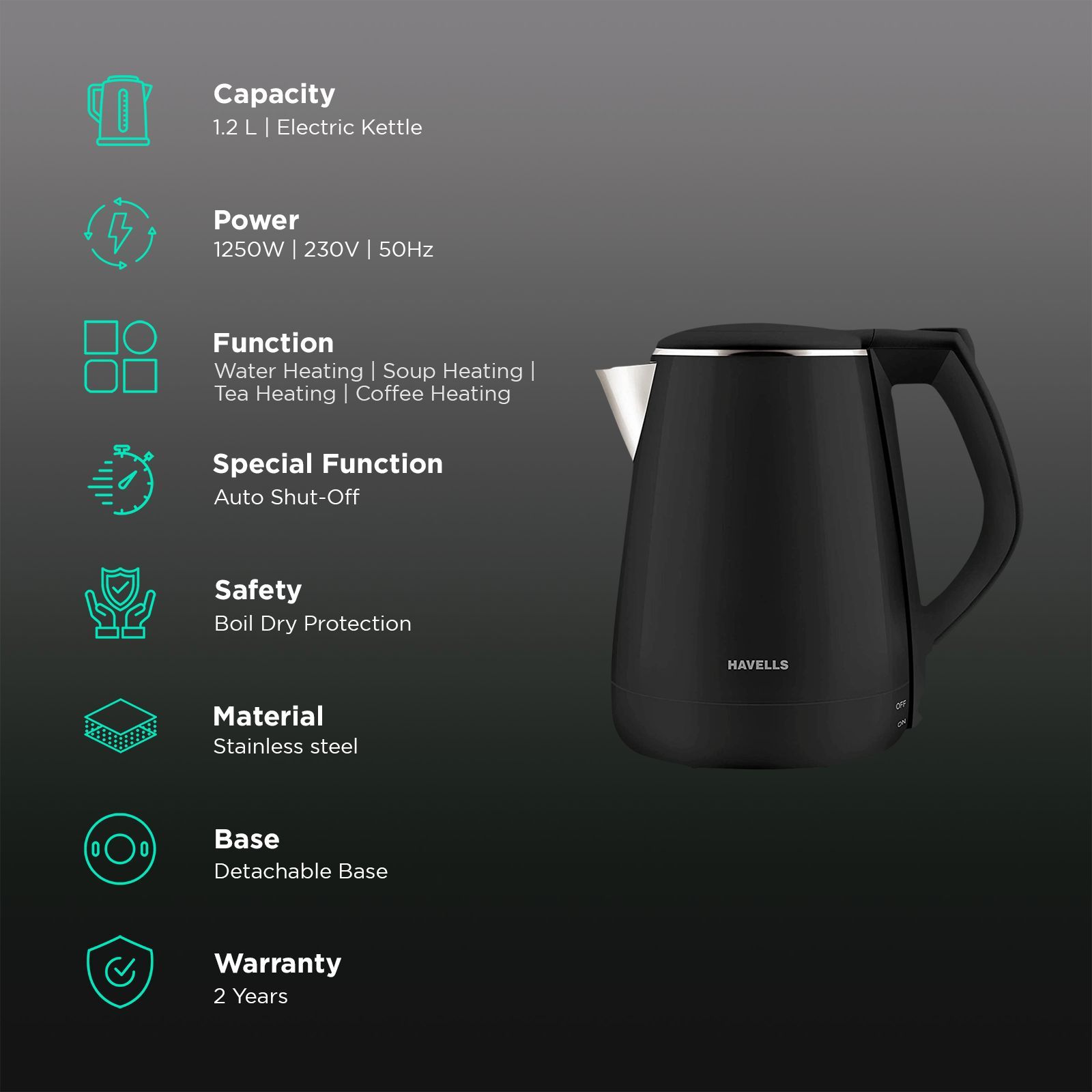 HAVELLS Aqua Plus 1250 Watt 1.2 Litre Electric Kettle with Cool Touch Outer Body (Black) HAVELLS Aqua Plus 1250 Watt 1.2 Litre Electric Kettle with Cool Touch Outer Body (Black)_3