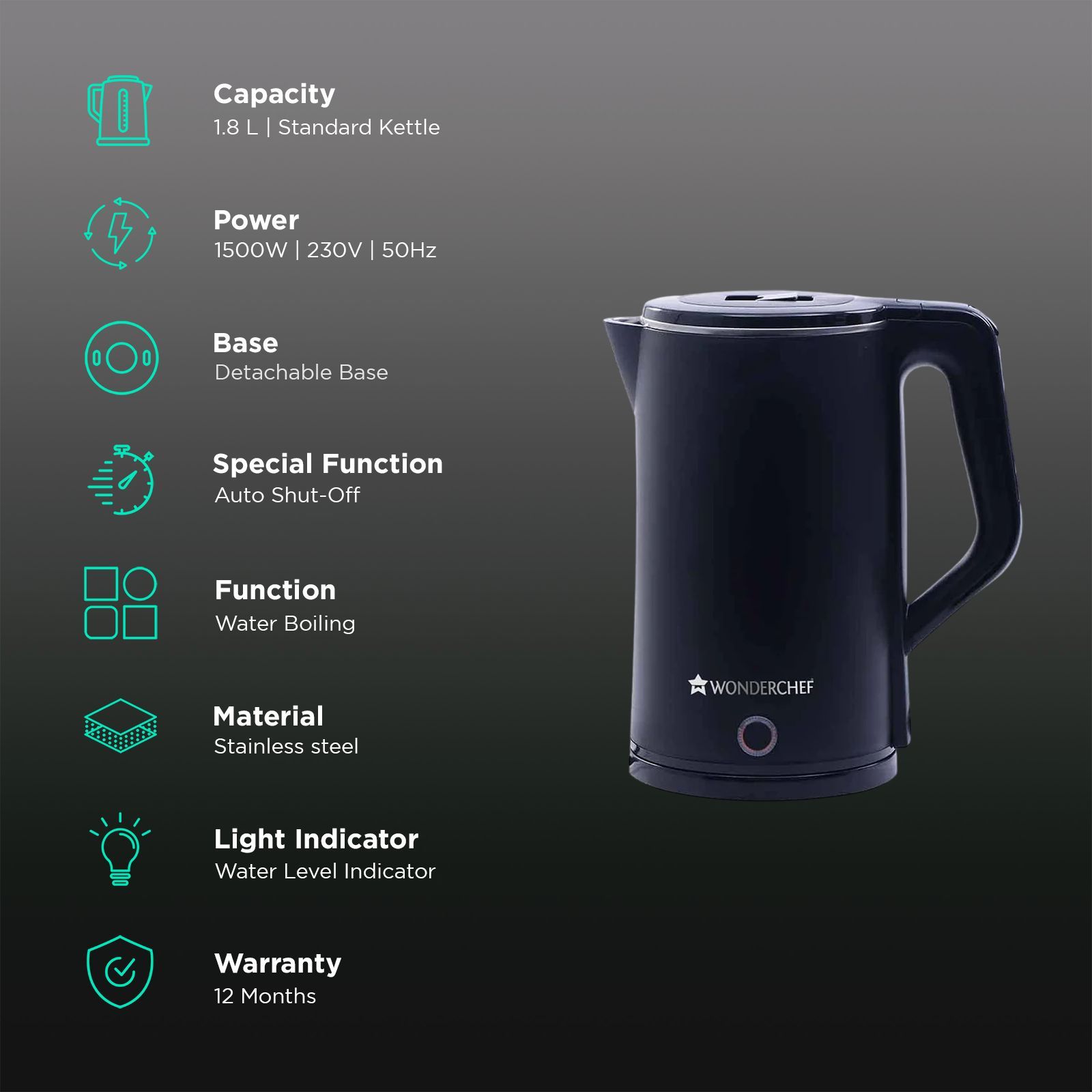 WONDERCHEF Cool Touch 1500 Watt 1.8 Litre Electric Kettle with Cool Touch Outer Body (Black) WONDERCHEF Cool Touch 1500 Watt 1.8 Litre Electric Kettle with Cool Touch Outer Body (Black)_2