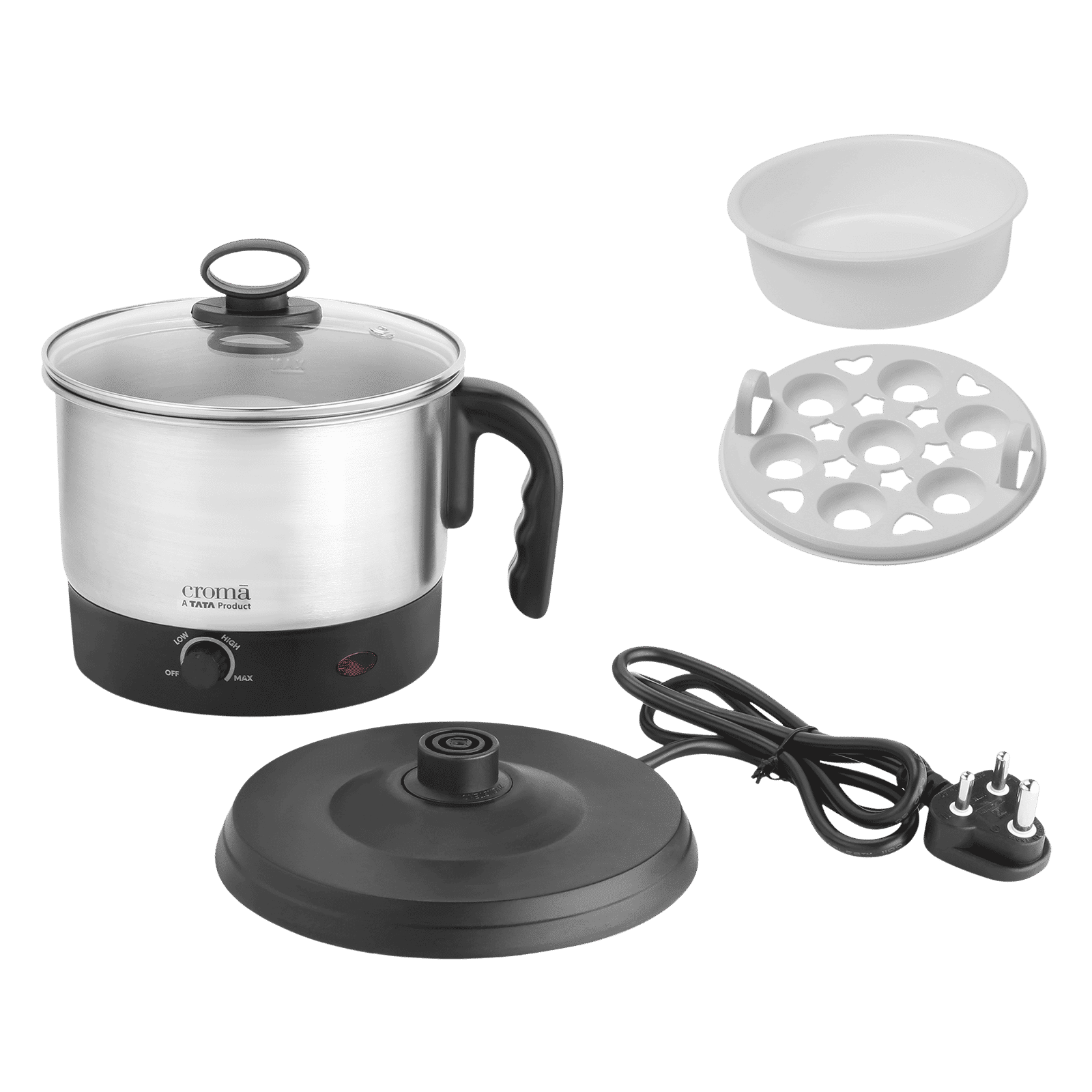 Croma 600 Watt 1.3 Litre Multi Cook Kettle with Auto Shut-off (Black and Silver)_1