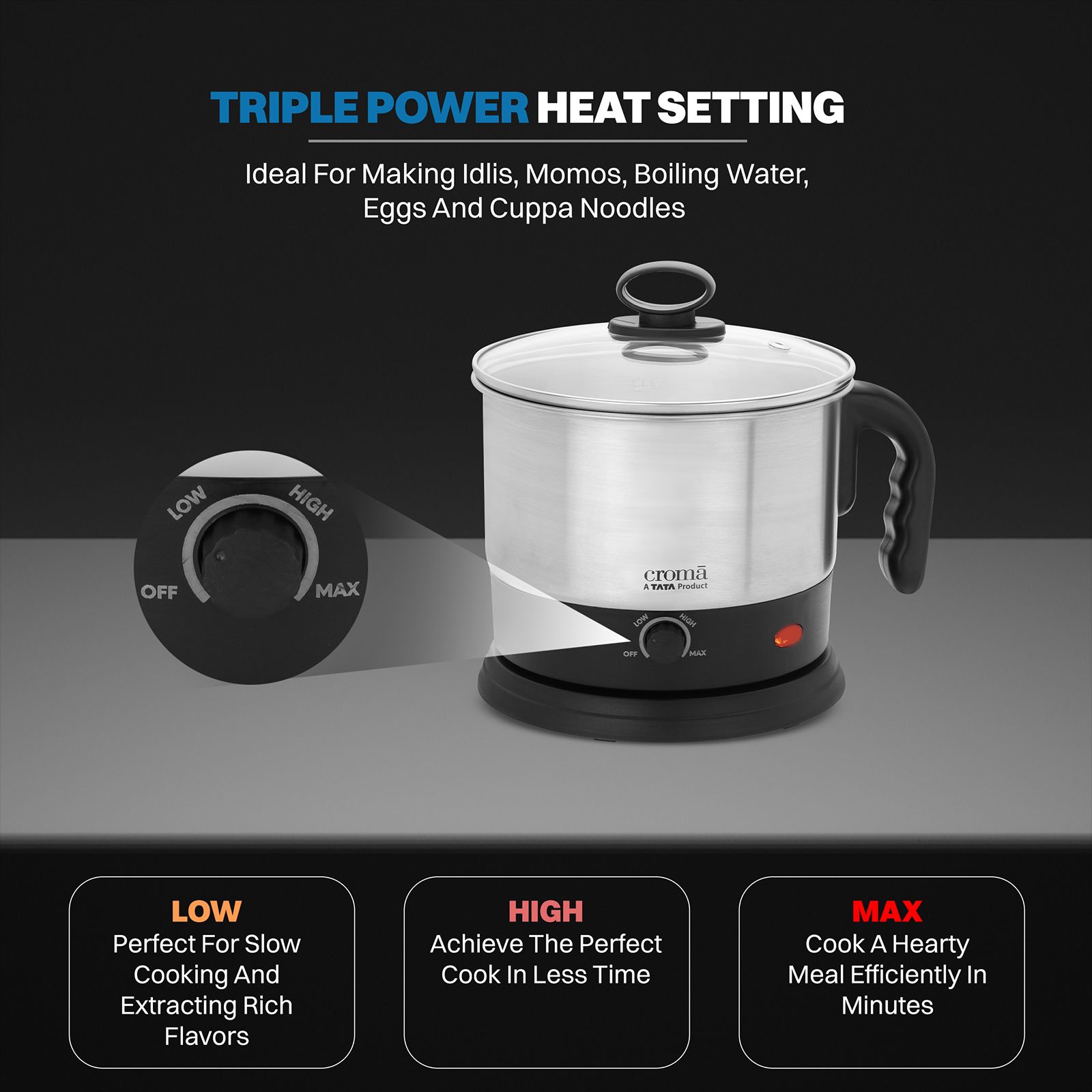 Croma 600 Watt 1.3 Litre Multi Cook Kettle with Auto Shut-off (Black and Silver)_16