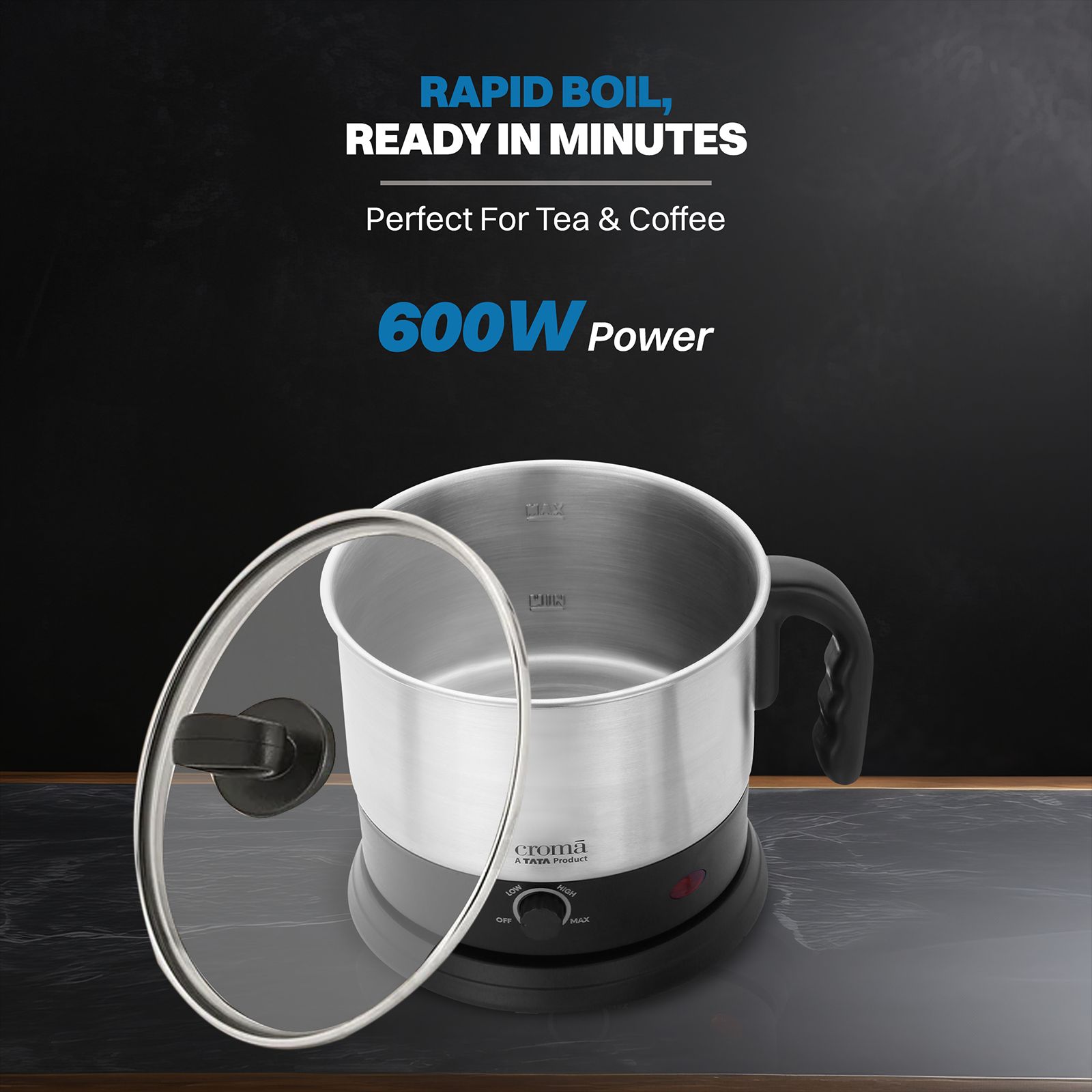 Croma 600 Watt 1.3 Litre Multi Cook Kettle with Auto Shut-off (Black and Silver)_17