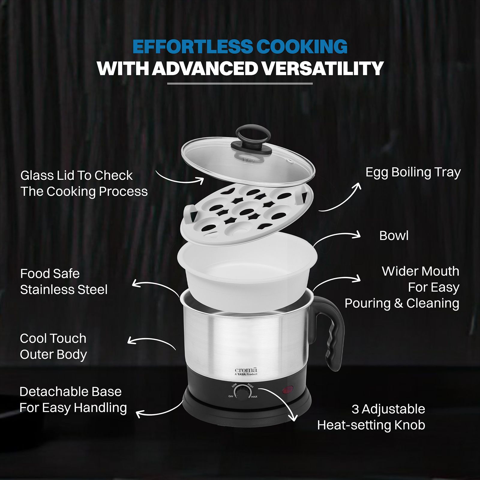 Croma 600 Watt 1.3 Litre Multi Cook Kettle with Auto Shut-off (Black and Silver)_19