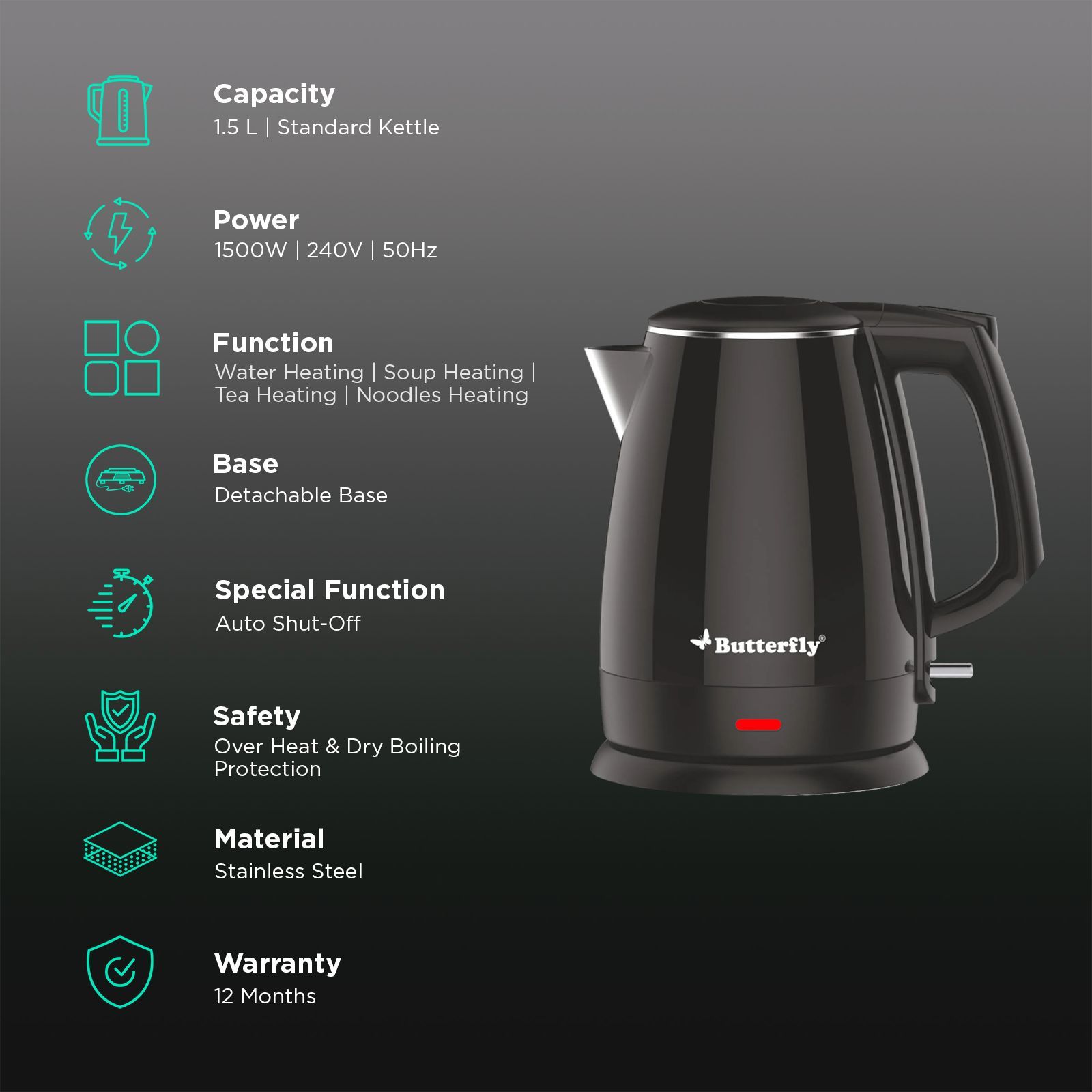 Butterfly Magnum 1500 Watt 1.5 Litre Electric Kettle with Cool Touch Outer Body (Black) Butterfly Magnum 1500 Watt 1.5 Litre Electric Kettle with Cool Touch Outer Body (Black)_3