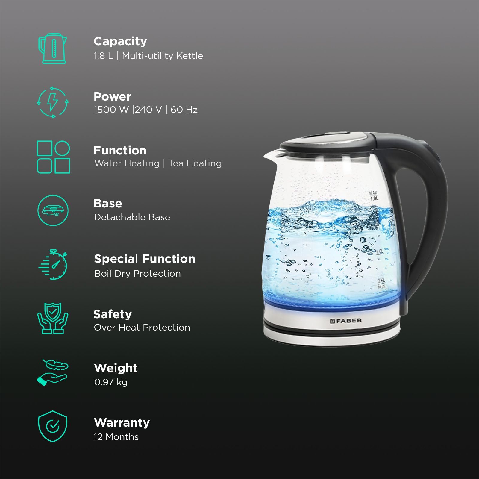 FABER FK 1500 Watt 1.8 Litre Electric Kettle with Safety Lock Lid (Transparent)_3