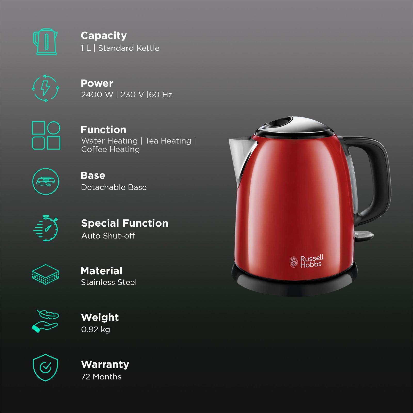 Russell Hobbs Colours Plus 2400 Watt 1 Litre Electric Kettle with Anti Scale Filter (Flame Red)_3