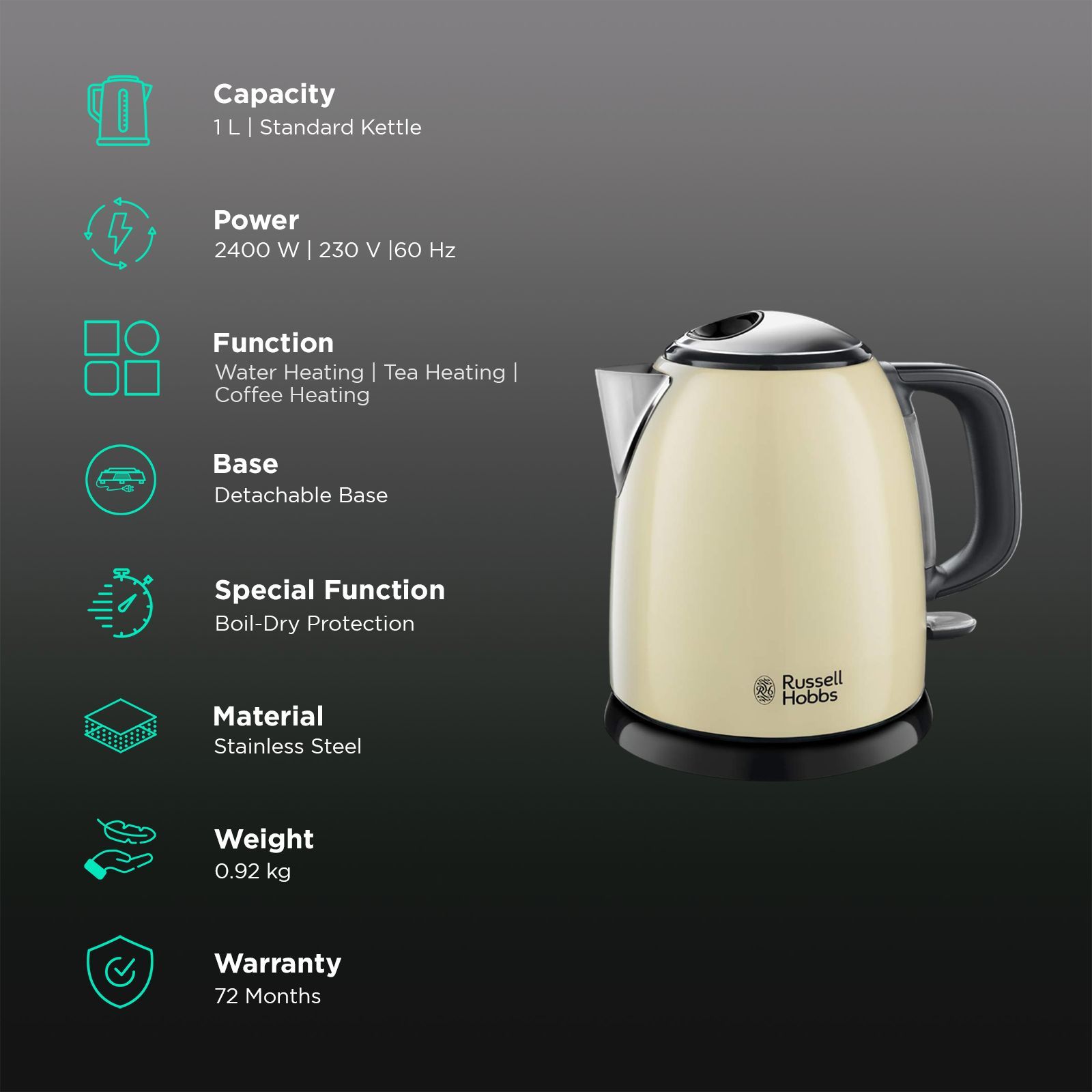 Russell Hobbs Colours Plus 2400 Watt 1 Litre Electric Kettle with Anti Scale Filter (Cream)_3