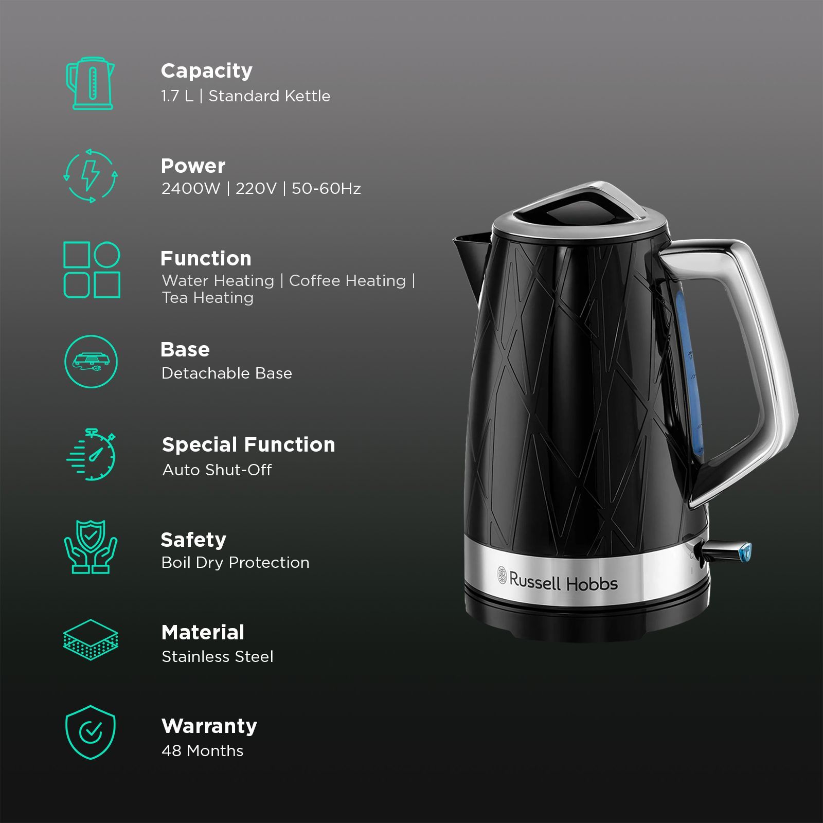 Russell Hobbs Structure 2400 Watt 1.7 Litre Electric Kettle with Blue Indicator Illumination  (Black)_3
