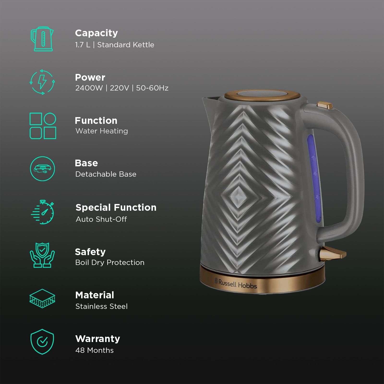 Russell Hobbs Groove 2400 Watt 1.7 Litre Electric Kettle with Perfect Pour Spout (Grey)_3