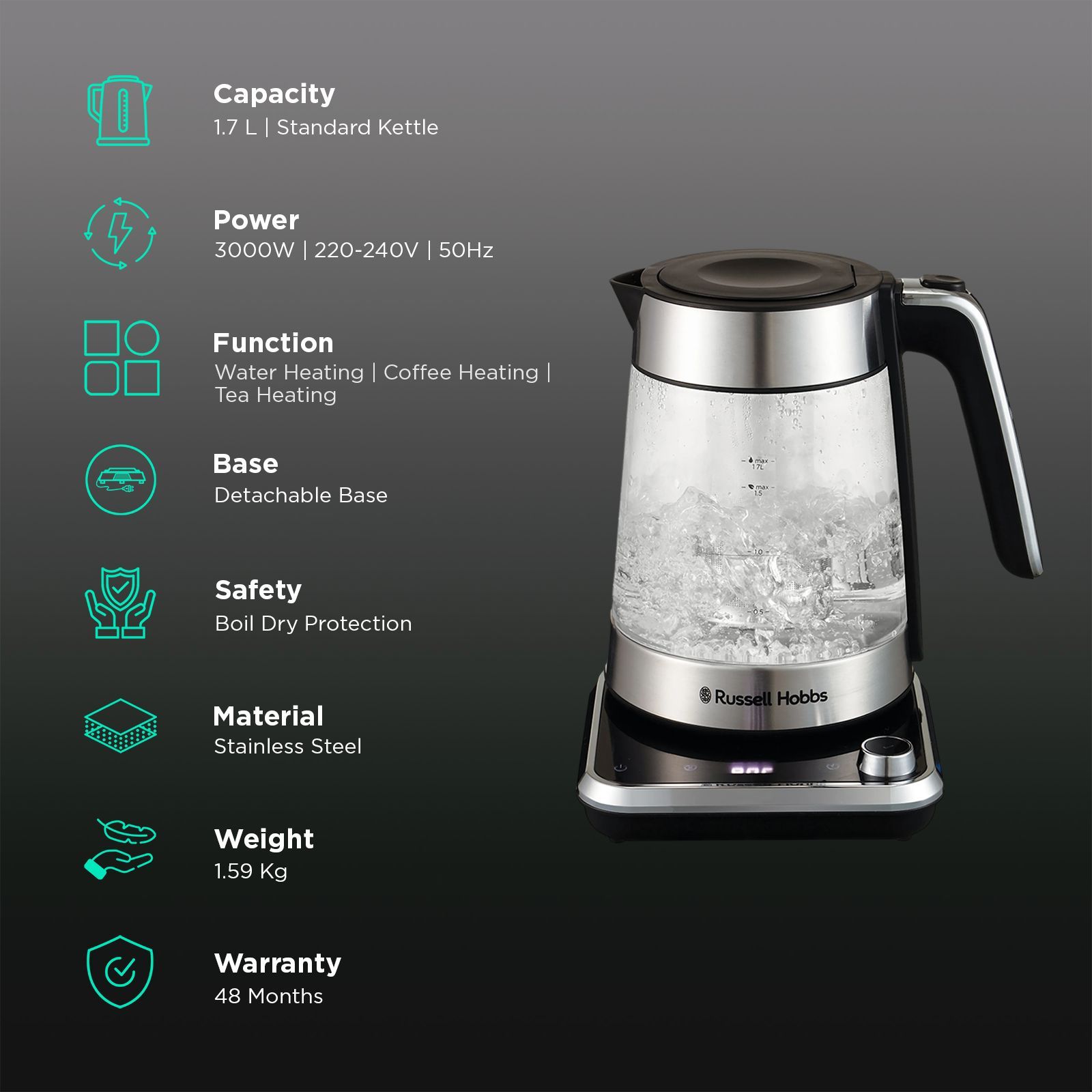 Russell Hobbs Atentive 3000 Watt 1.7 Litre Electric Kettle with Touch Screen Control (Silver & Black)_3