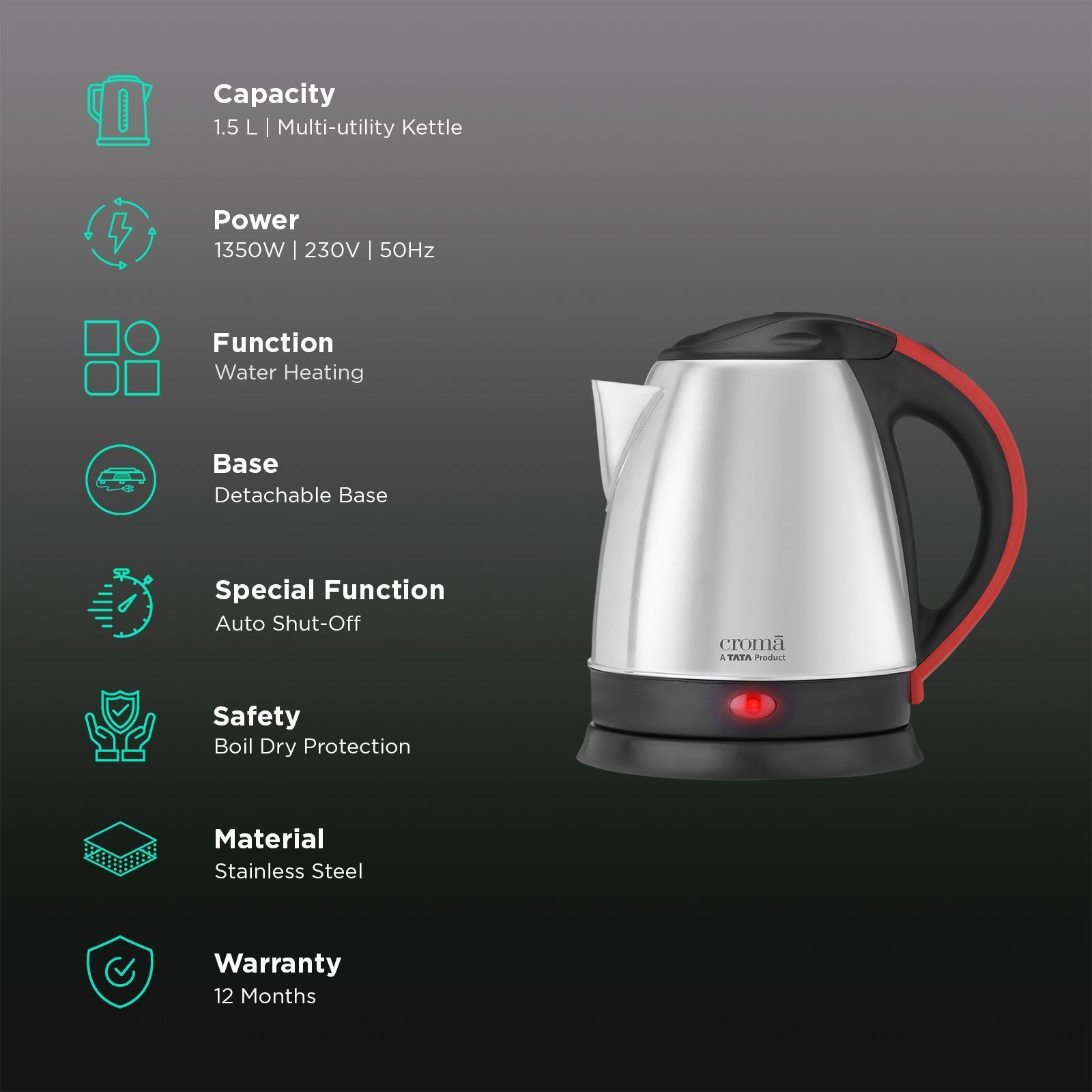 Croma 1350 Watt 1.5 Litre Electric Kettle with Overload Protection (Silver) Croma 1350 Watt 1.5 Litre Electric Kettle with Overload Protection (Silver)_3
