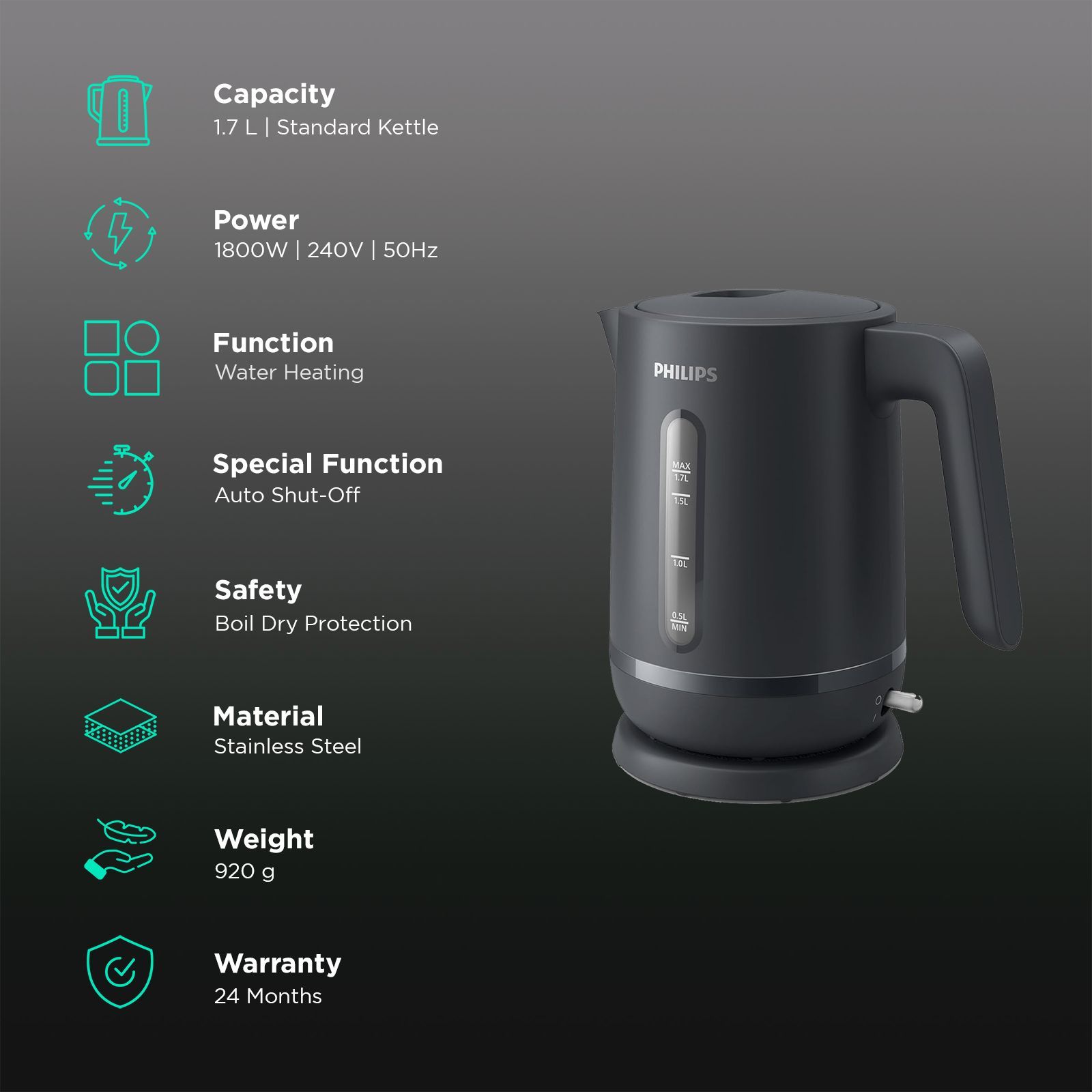 PHILIPS HD9314/90 1800 Watt 1.7 Litre Electric Kettle with Concealed Heating Element (Charcoal Grey) PHILIPS HD9314/90 1800 Watt 1.7 Litre Electric Kettle with Concealed Heating Element (Charcoal Grey)_3