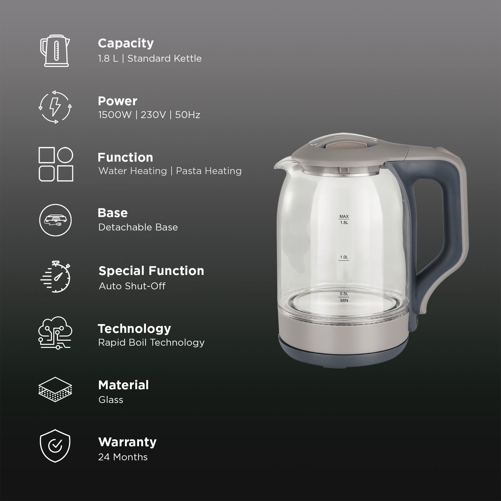 Croma 1500 Watt 1.8 Litre Electric Kettle with Auto Shut Off (Grey)_3