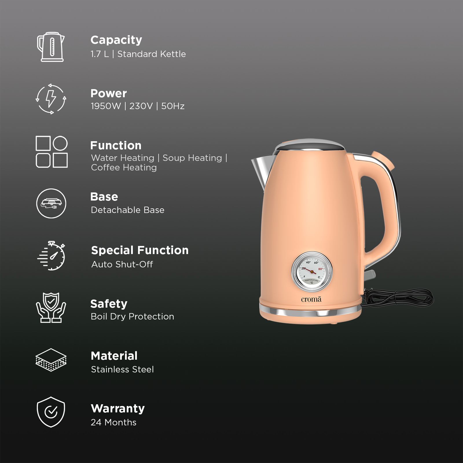 Croma AK5805 1950 Watt 1.7 Litre Electric Kettle with Boil Dry Protection (Peach)_3