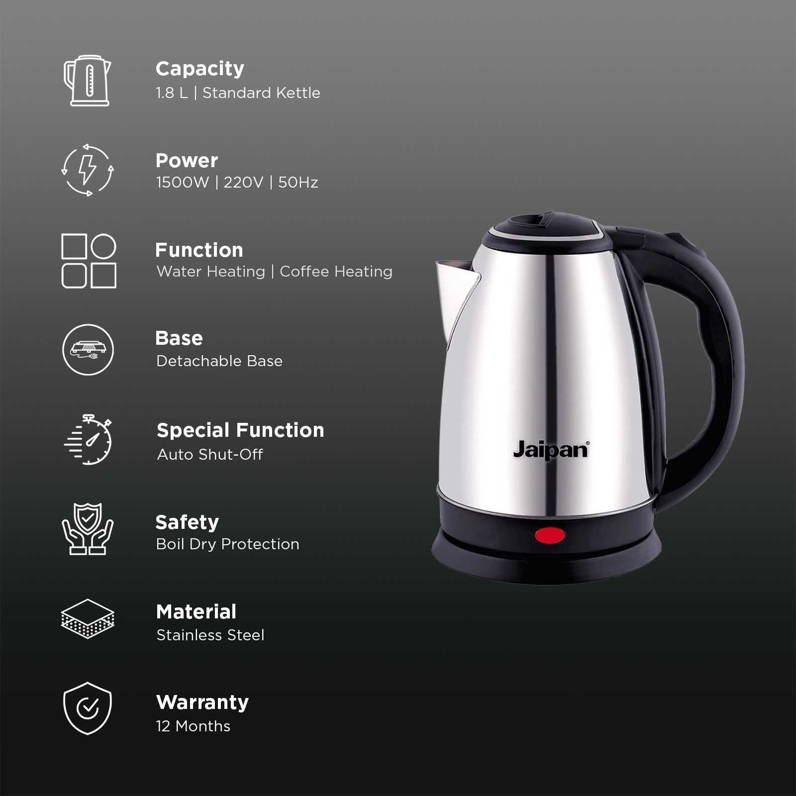 Jaipan 1500 Watt 1.8 Litre Electric Kettle with 360 Rotation Base (Silver)_3
