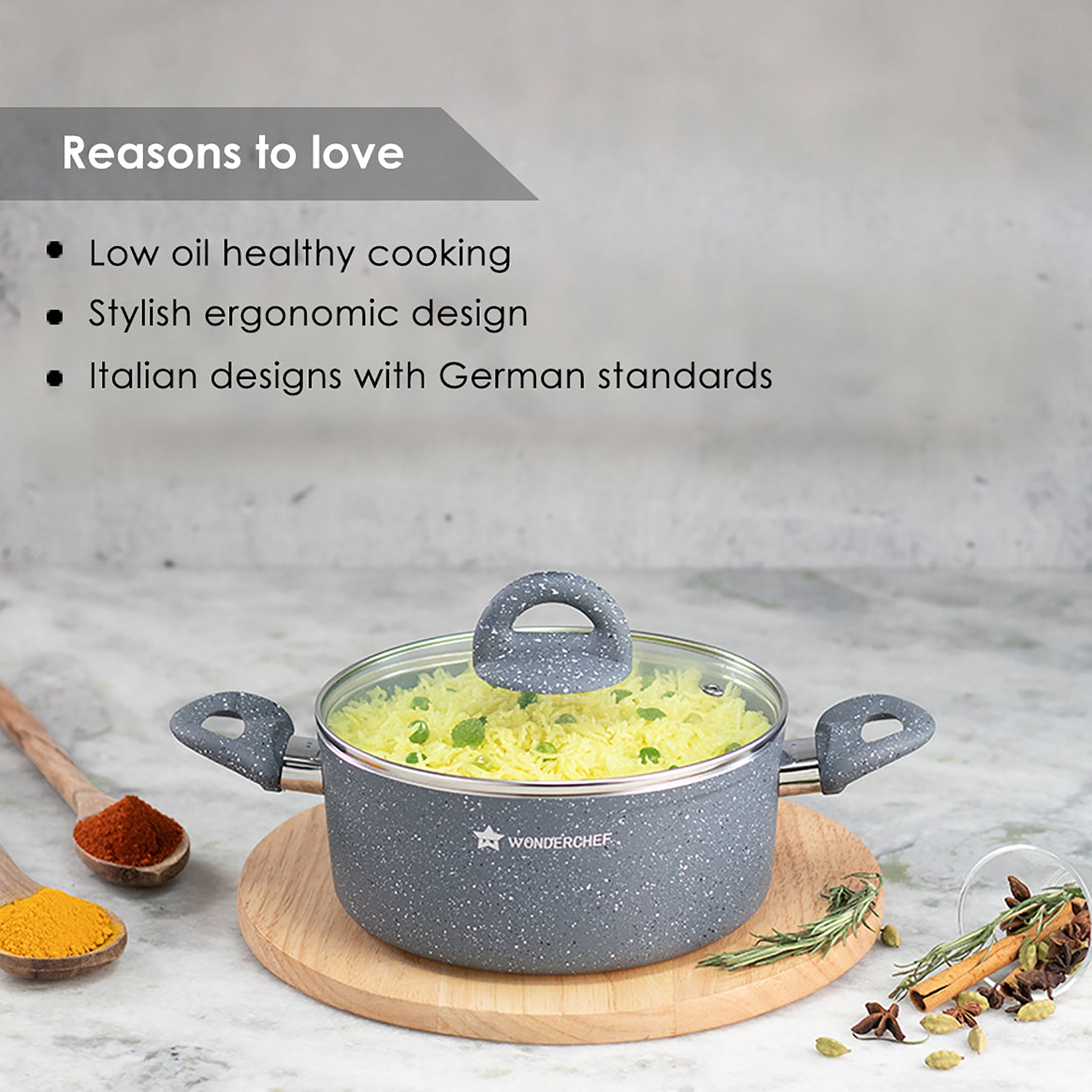 WONDERCHEF Granite 4L Non Stick Aluminium Casserole with Glass Lid (Induction Compatible, Even Heat Distribution, Grey) WONDERCHEF Granite 4L Non Stick Aluminium Casserole with Glass Lid (Induction Compatible, Even Heat Distribution, Grey)_18