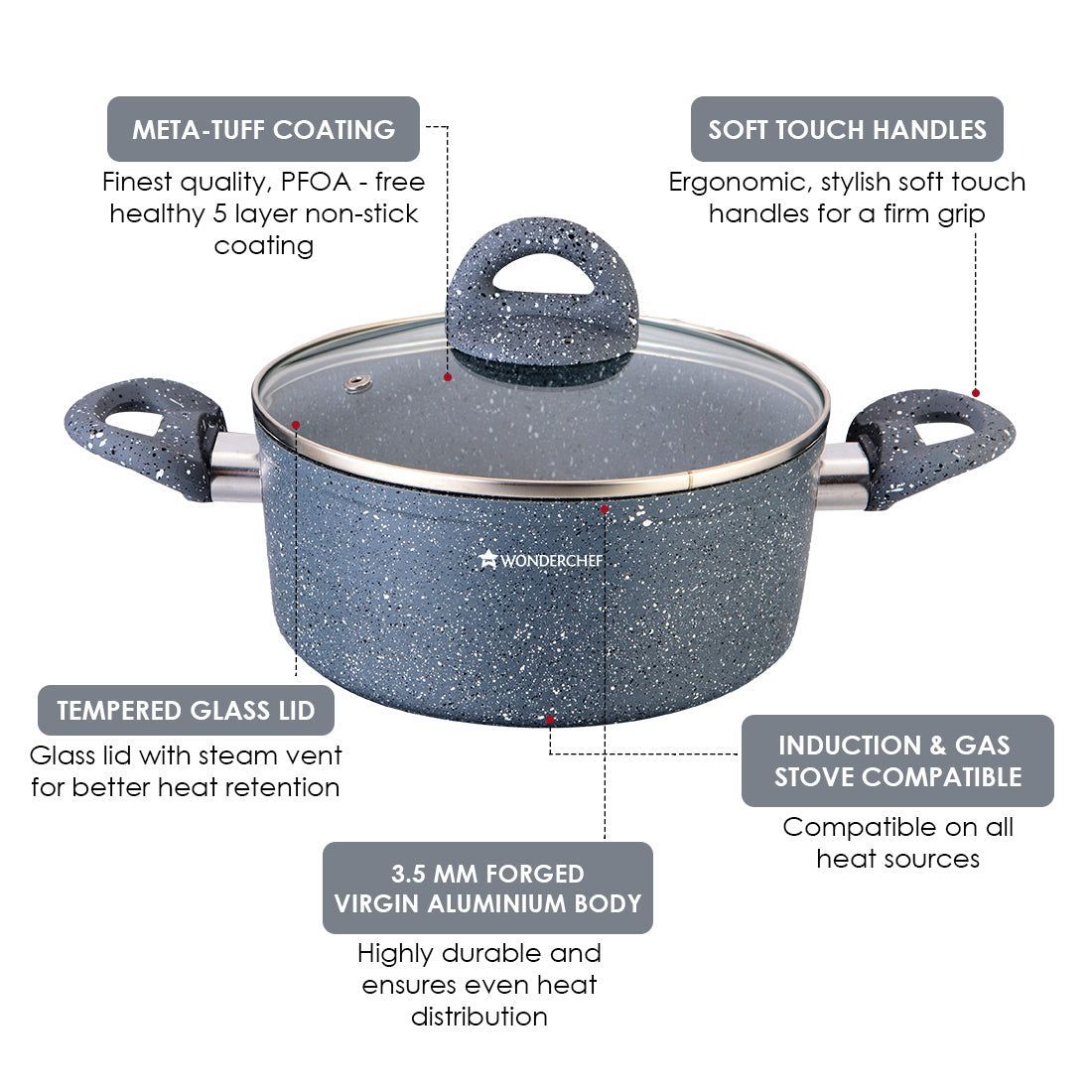 WONDERCHEF Granite 4L Non Stick Aluminium Casserole with Glass Lid (Induction Compatible, Even Heat Distribution, Grey) WONDERCHEF Granite 4L Non Stick Aluminium Casserole with Glass Lid (Induction Compatible, Even Heat Distribution, Grey)_20