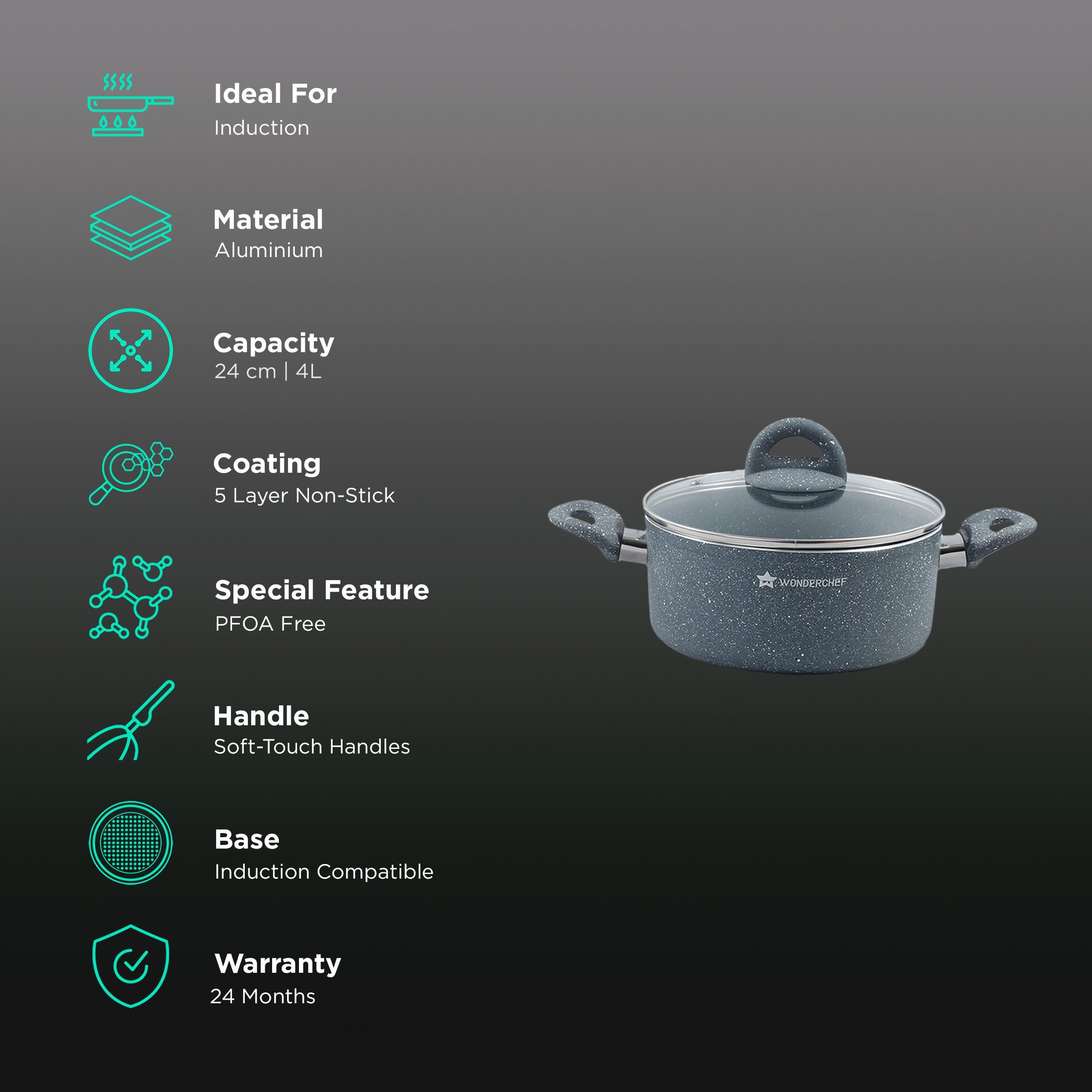 WONDERCHEF Granite 4L Non Stick Aluminium Casserole with Glass Lid (Induction Compatible, Even Heat Distribution, Grey) WONDERCHEF Granite 4L Non Stick Aluminium Casserole with Glass Lid (Induction Compatible, Even Heat Distribution, Grey)_3