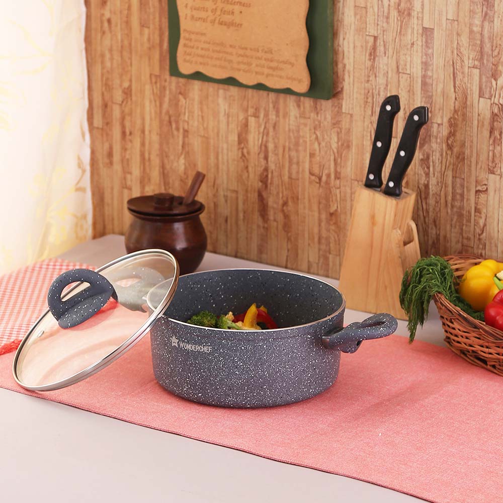 WONDERCHEF Granite 4L Non Stick Aluminium Casserole with Glass Lid (Induction Compatible, Even Heat Distribution, Grey) WONDERCHEF Granite 4L Non Stick Aluminium Casserole with Glass Lid (Induction Compatible, Even Heat Distribution, Grey)_10